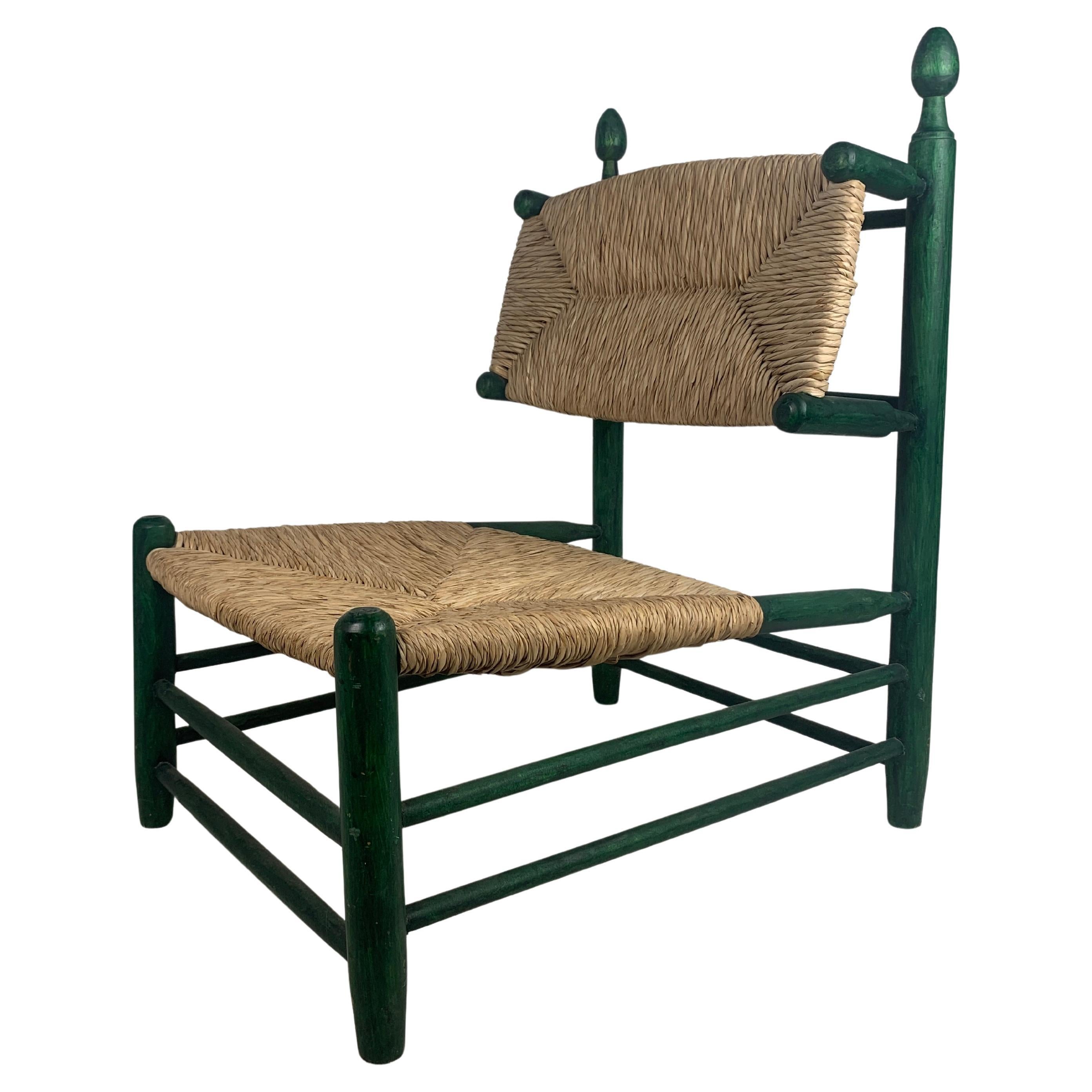 French straw rush low lounge chair in the style of Charles Dudouyt, 1950s For Sale