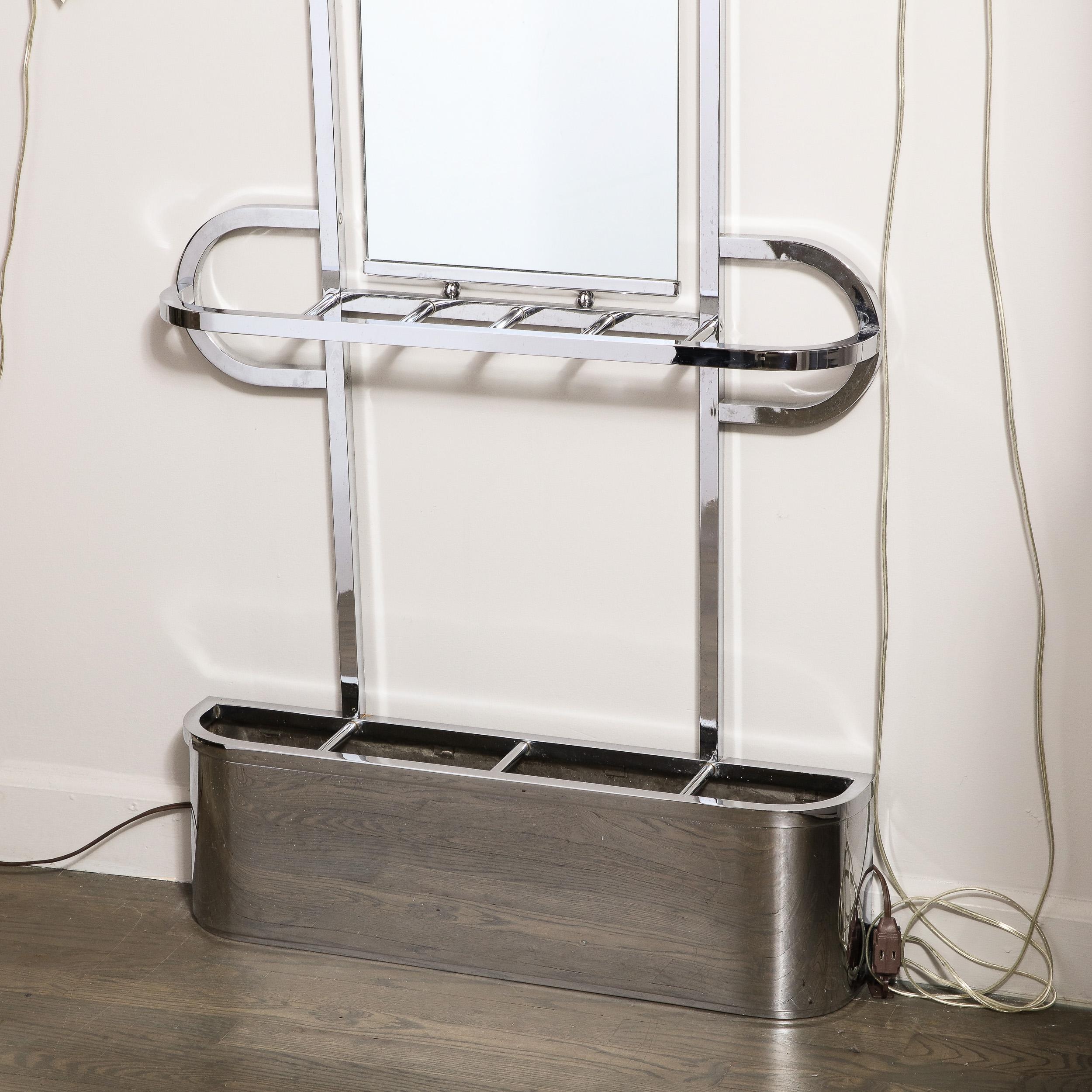 French Streamlined Art Deco Polished Chrome Coat/Umbrella Rack W/ Arched Mirror For Sale 4