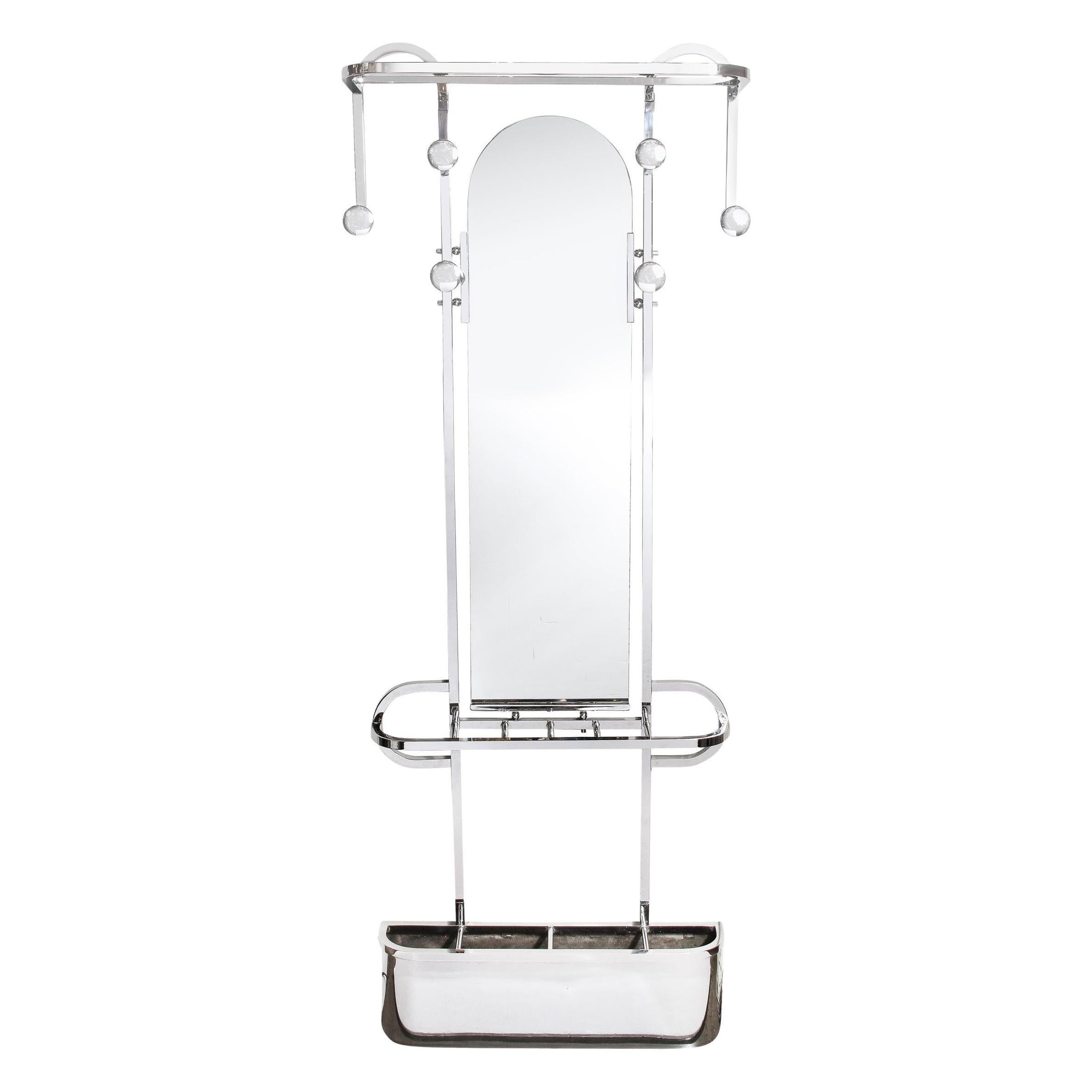 French Streamlined Art Deco Polished Chrome Coat/Umbrella Rack W/ Arched Mirror