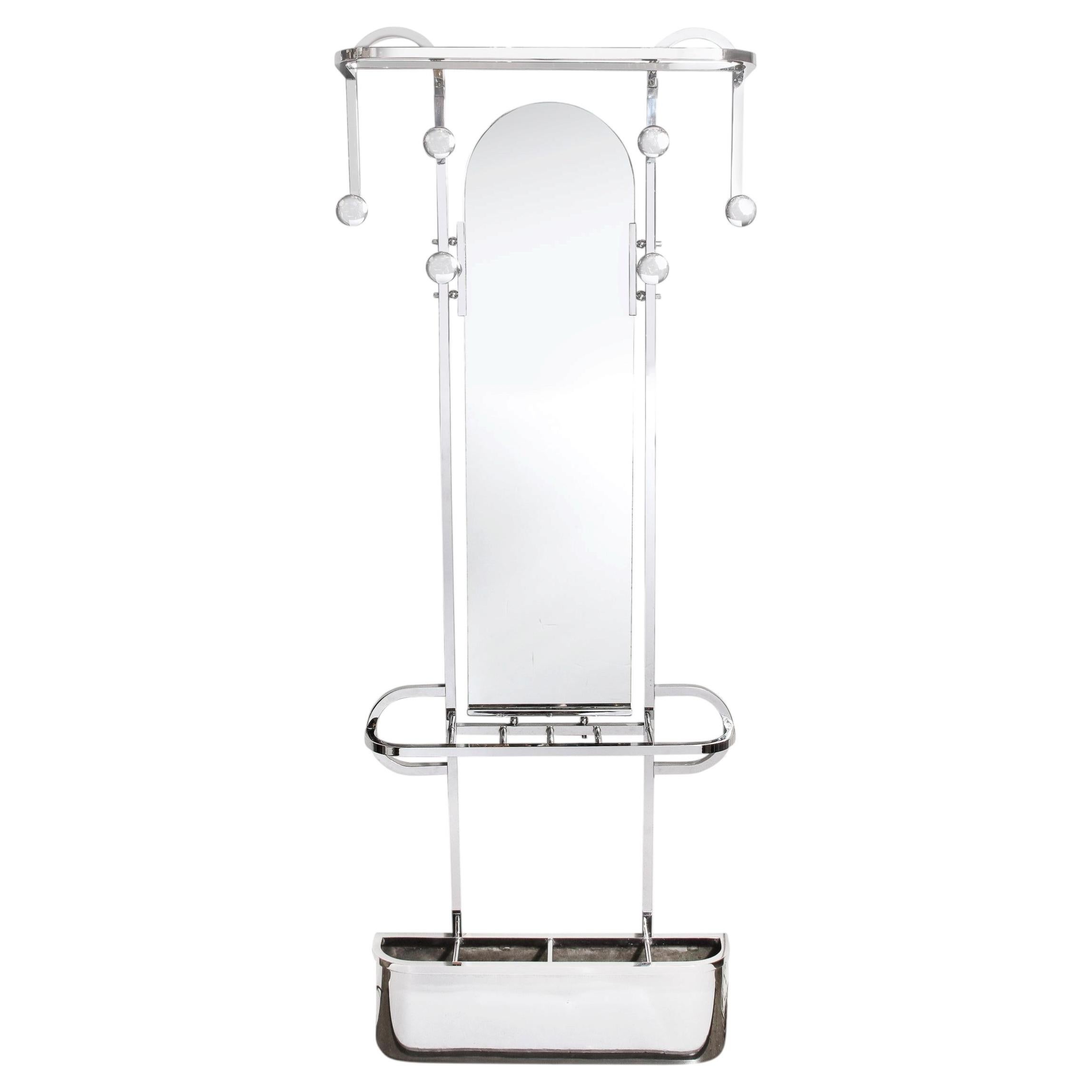 French Streamlined Art Deco Polished Chrome Coat/Umbrella Rack W/ Arched Mirror