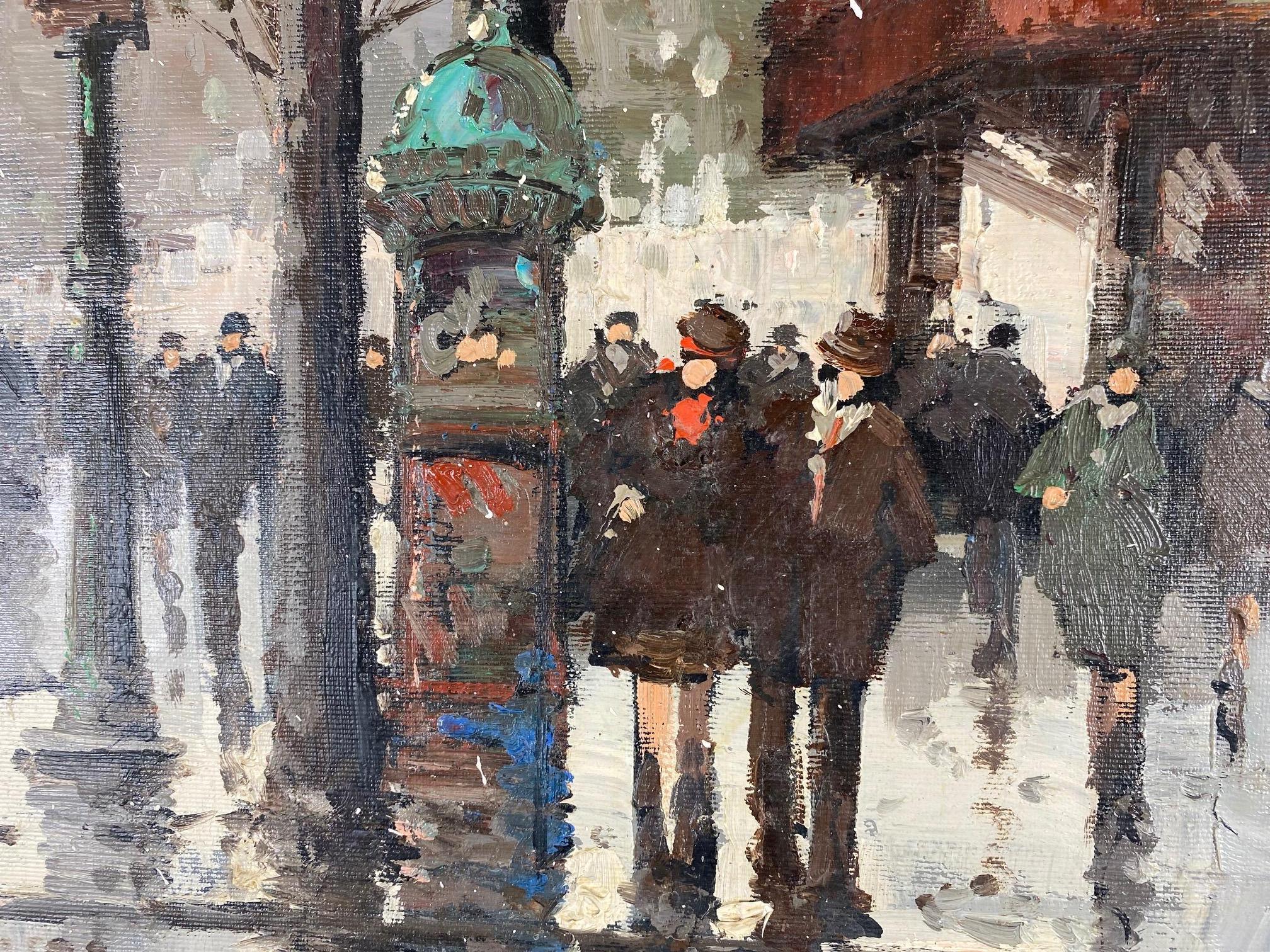 An oil painting of a French cafe and people walking on the busy streets of France. 