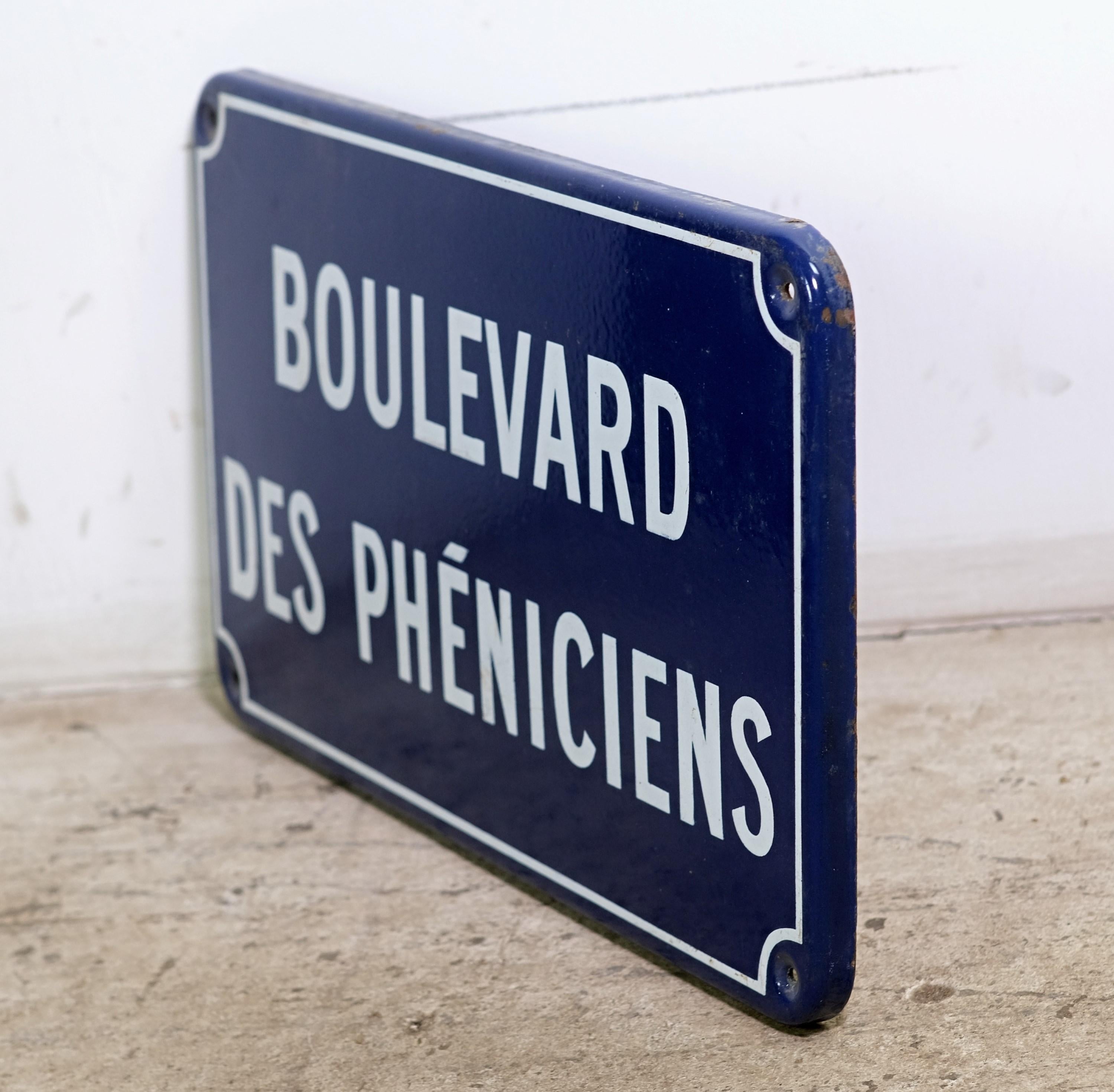 French Street Sign Boulevard Des Pheniciens Blue & White Enamel over Steel In Good Condition In New York, NY