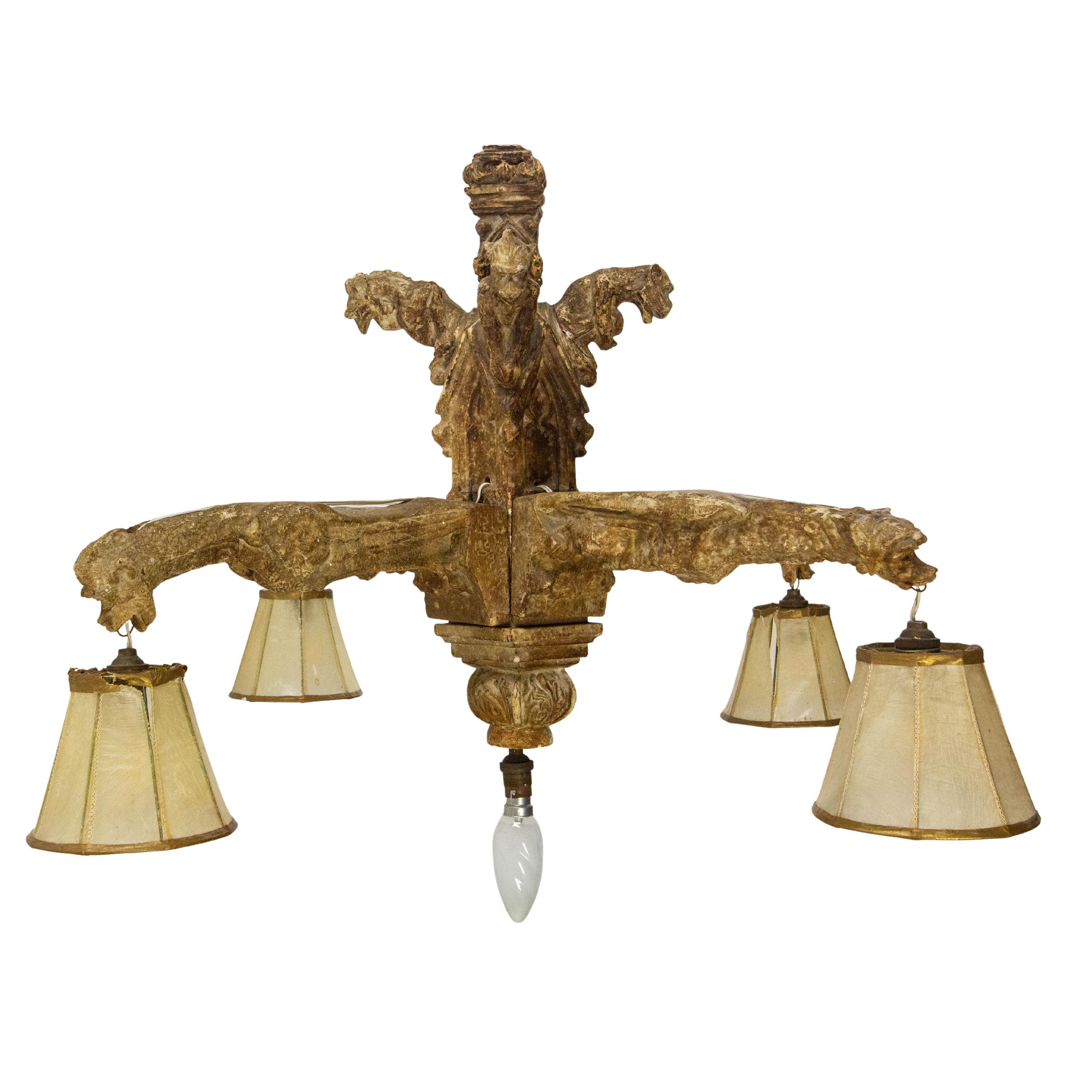 French Stuc Eight Gargoyles Chandelier Ceiling Pendant circa 1850