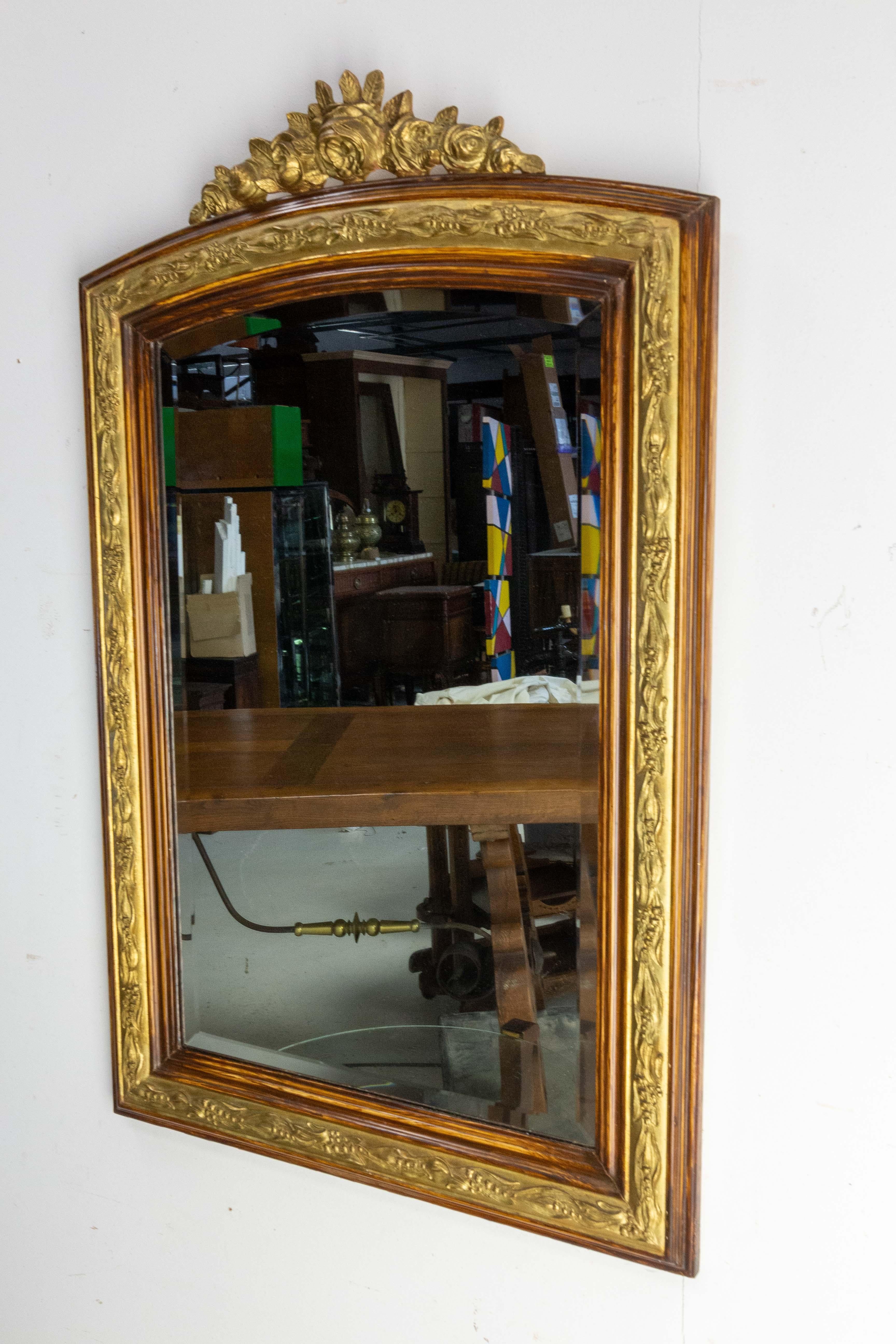 Art Deco French Stucco Wall Beveled Mirror Imitation Wood and Gilding, circa 1920 For Sale