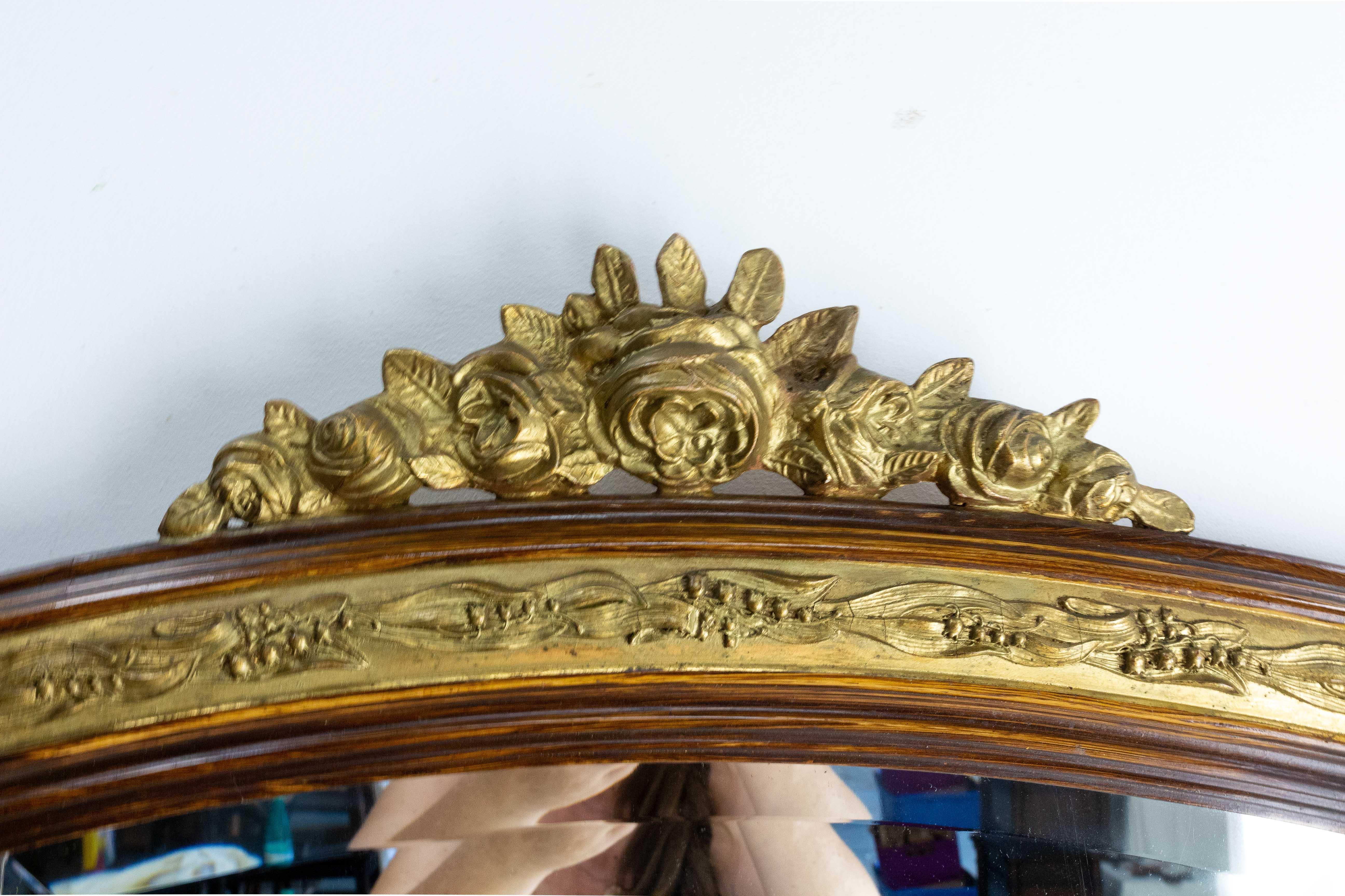 French Stucco Wall Beveled Mirror Imitation Wood and Gilding, circa 1920 In Good Condition For Sale In Labrit, Landes