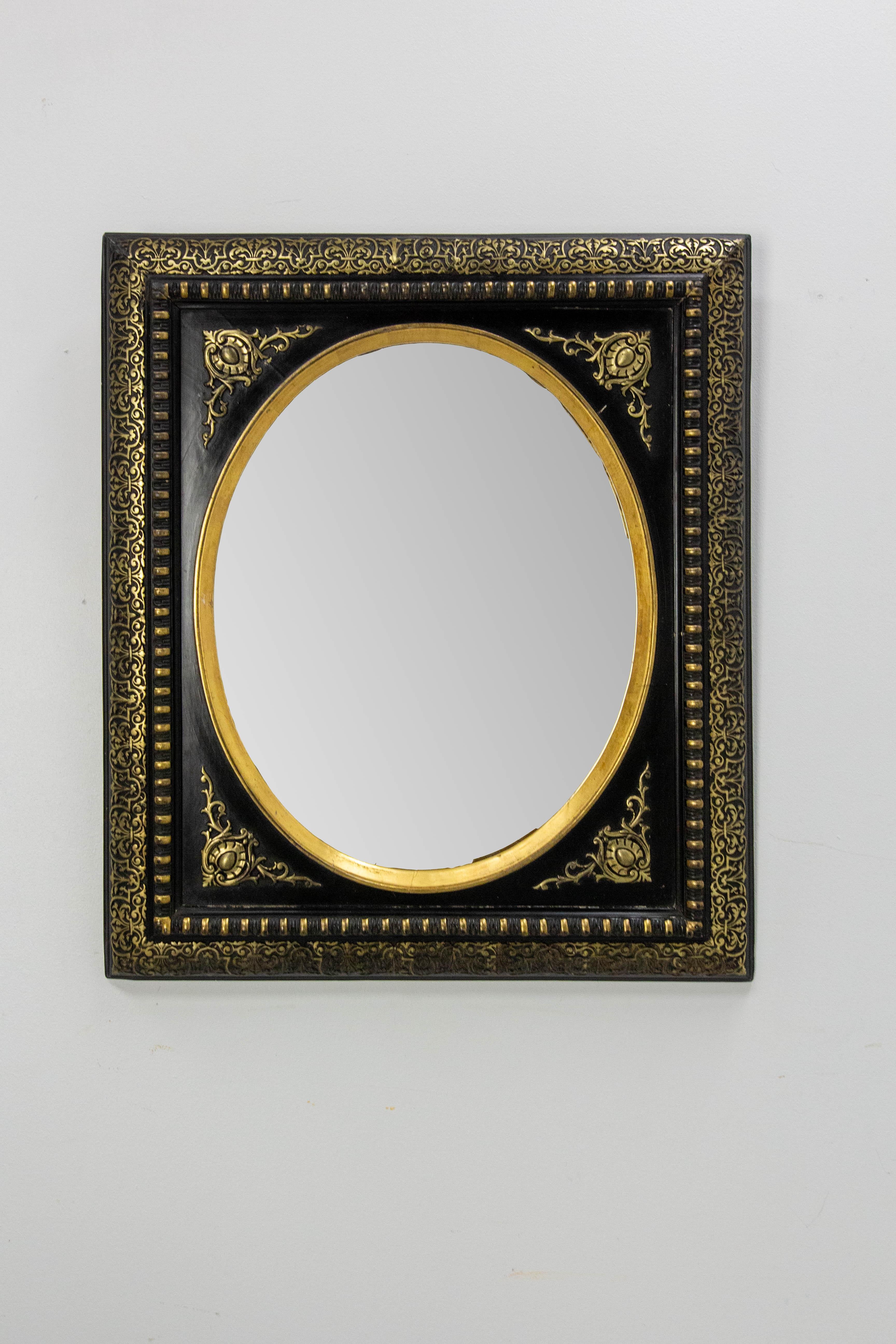 French Stucco & Wood Napoleon III Wall Mirror Golden & Black Oriental St, c 1880 In Good Condition In Labrit, Landes
