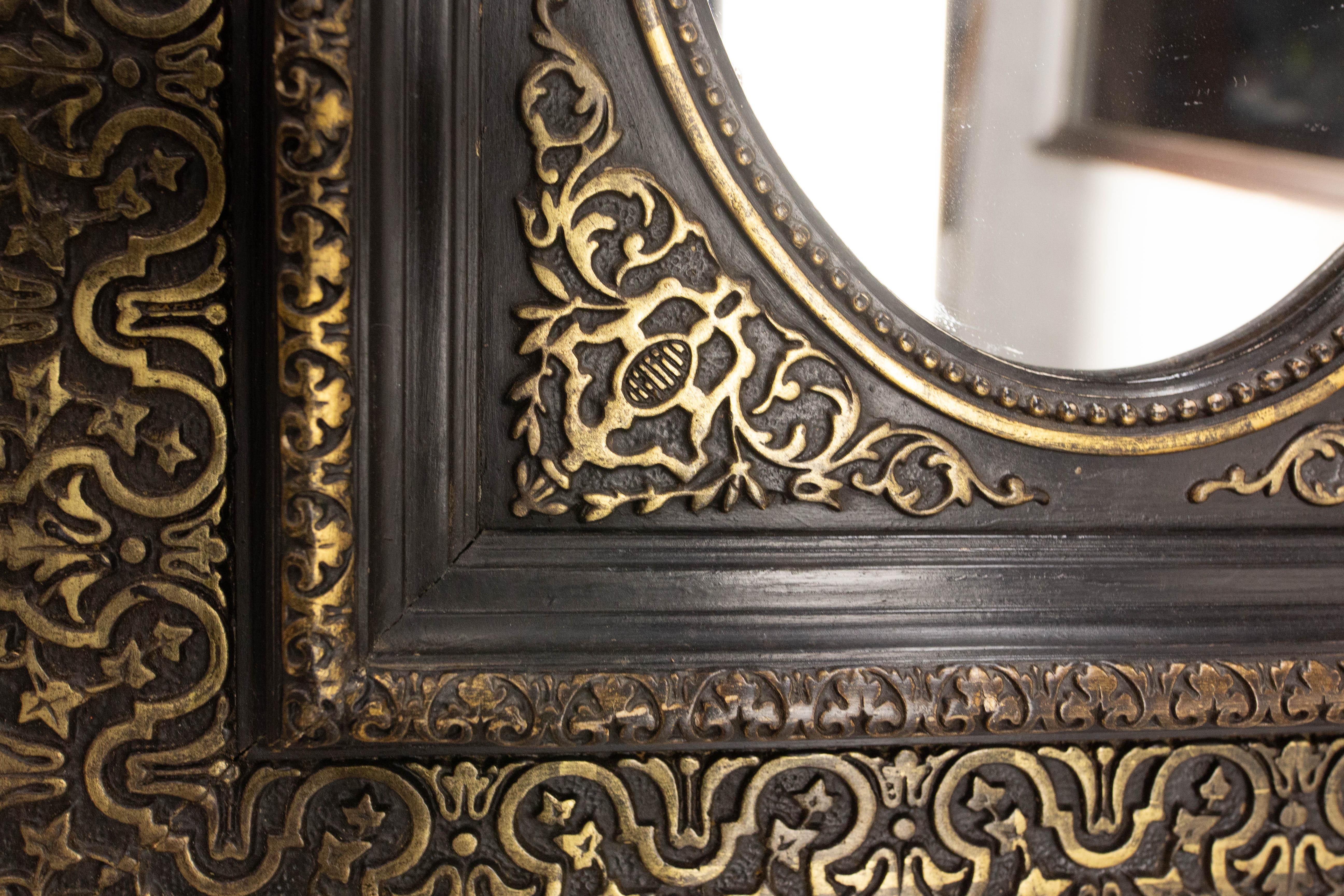 19th Century French Stucco & Wood Napoleon III Wall Mirror Golden & Black Oriental St, c 1880 For Sale