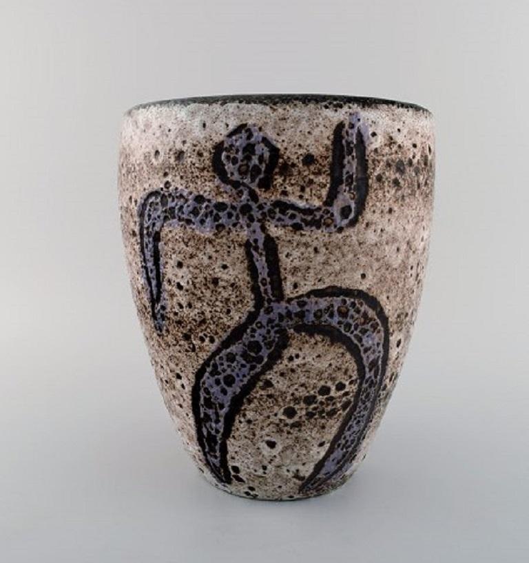 Französische französische Studio-Keramik, große Vase aus glasierter Keramik, dekoriert mit Tänzern (Moderne der Mitte des Jahrhunderts) im Angebot