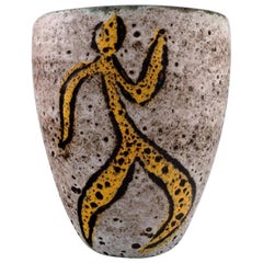 Vintage French Studio Ceramist, Large Vase in Glazed Ceramics Decorated with Dancers