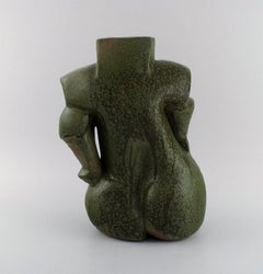 French studio potter. Organically shaped unique vase in glazed stoneware. 1980s