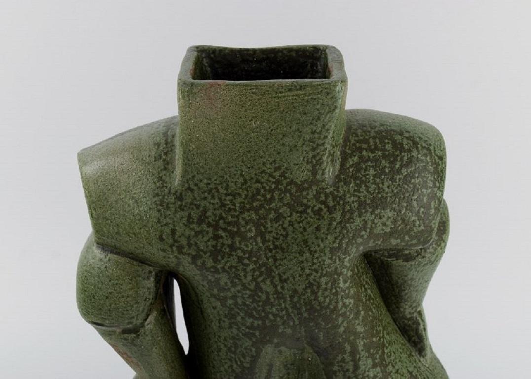 Glazed French studio potter. Organically shaped unique vase in glazed stoneware. 1980s For Sale