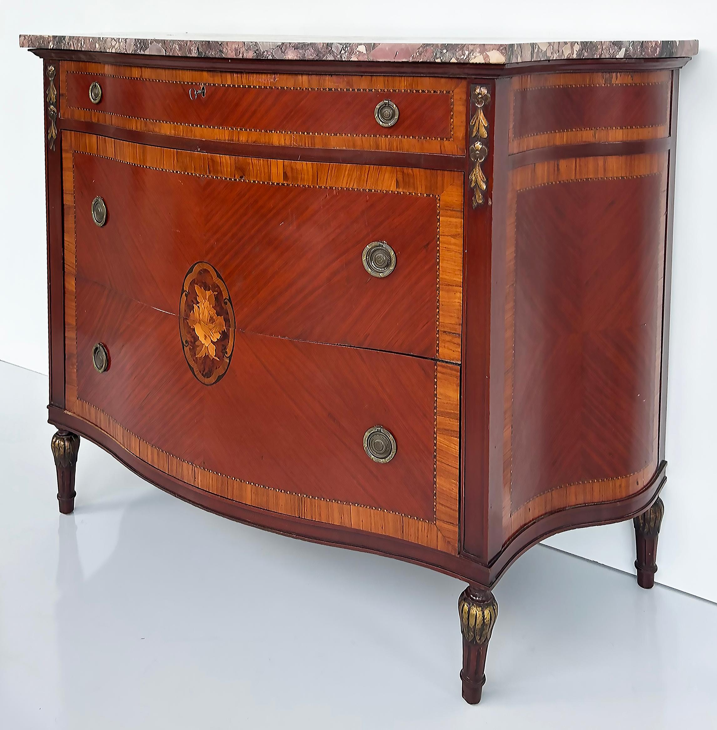 American French Style 3-Drawer Chest of Drawers with Marble Top, Bronze and Marquetry For Sale