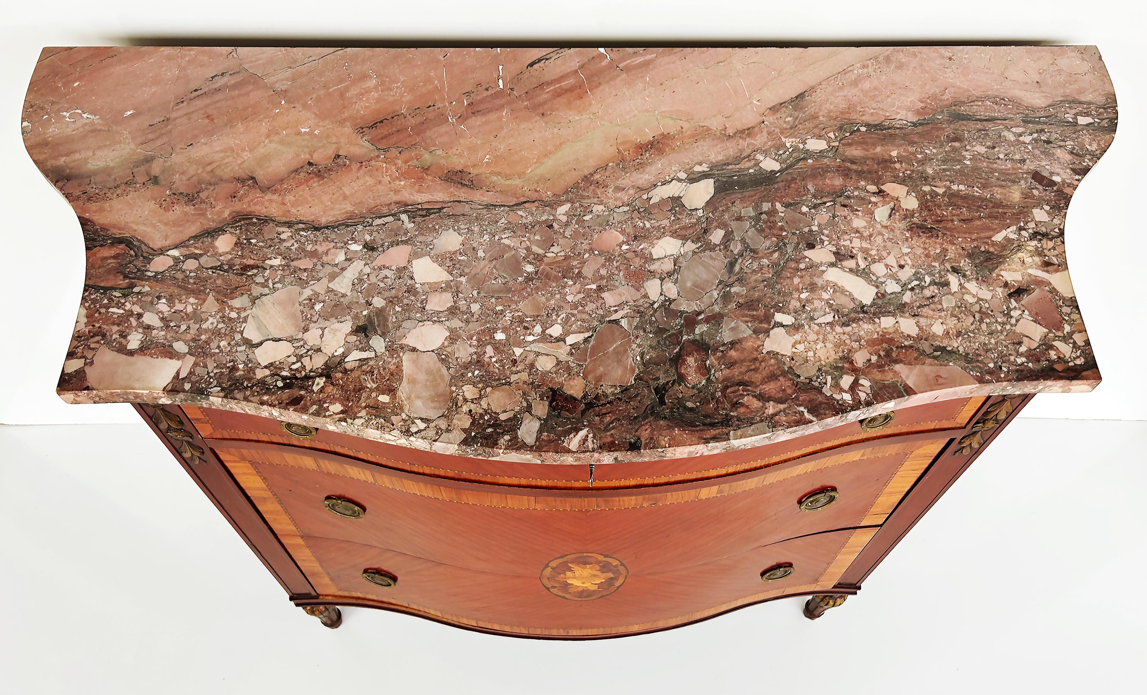 20th Century French Style 3-Drawer Chest of Drawers with Marble Top, Bronze and Marquetry For Sale