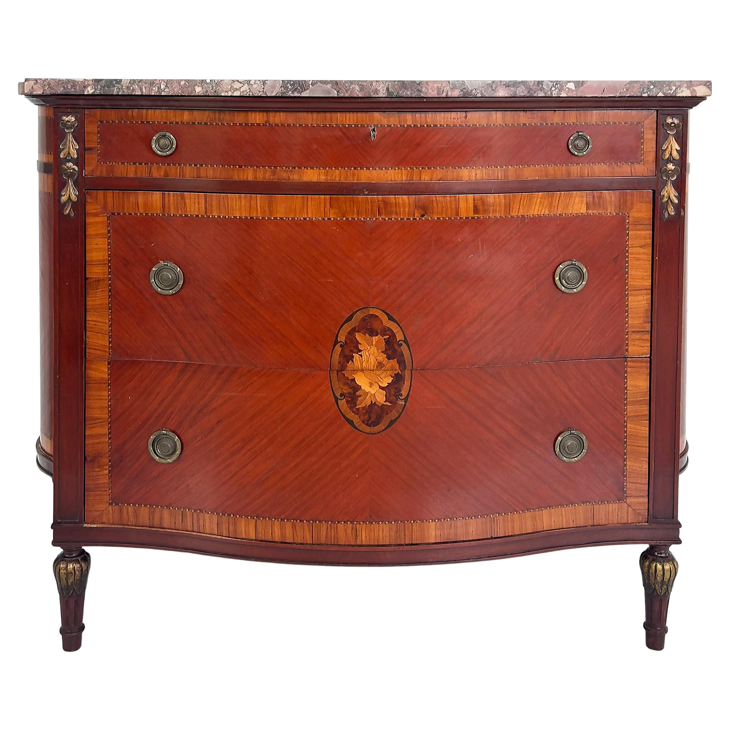 French Style 3-Drawer Chest of Drawers with Marble Top, Bronze and Marquetry For Sale