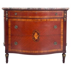 Commode à 3 tiroirs de style français avec dessus en marbre, bronze et marqueterie