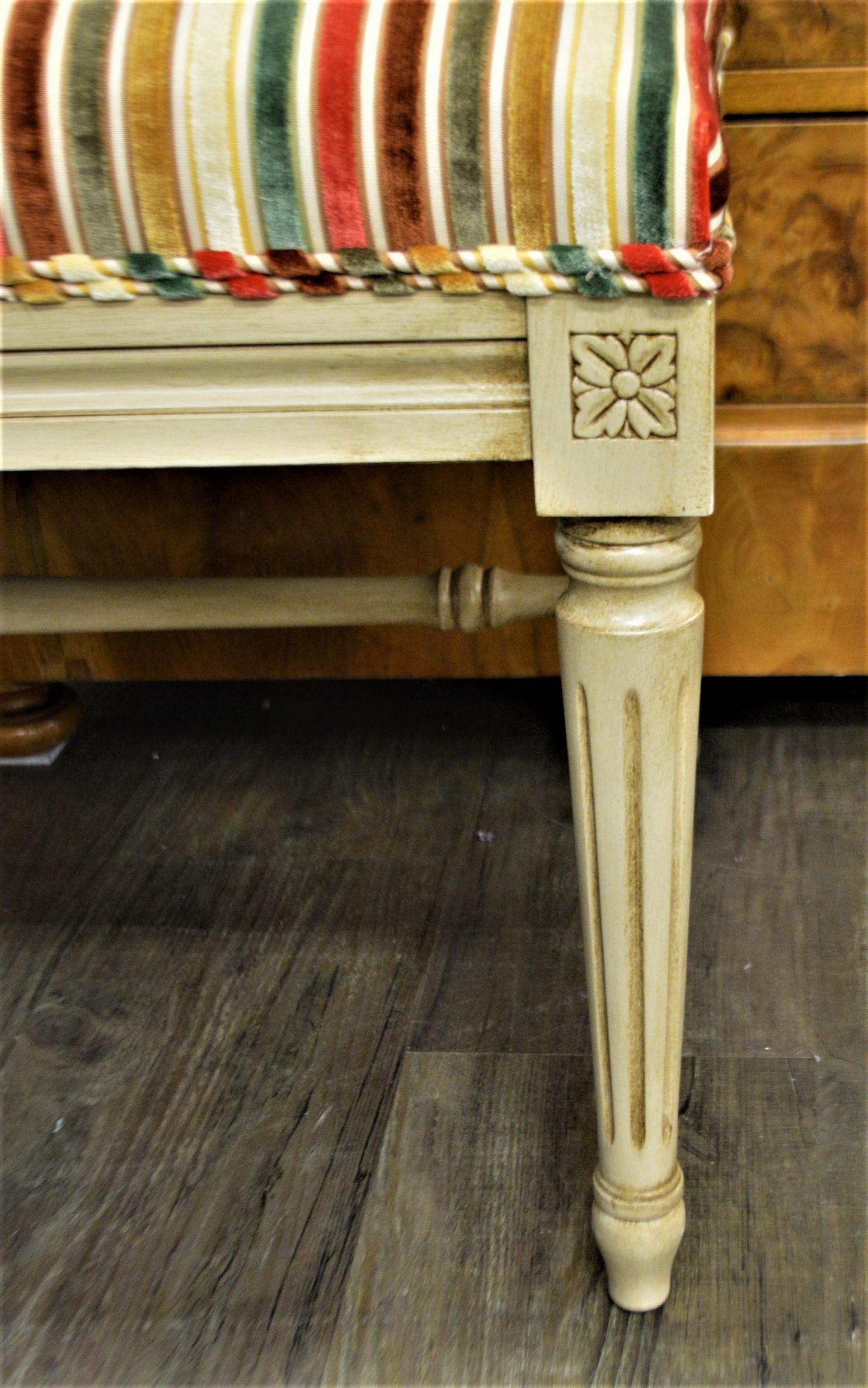 Painted French Style Wide Wooden Bench, Upholstered, Available for Custom Order For Sale