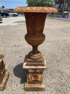 French Style 62" Cast Iron Campana Urn Outdoor Garden Planters on Pedestal, Pair