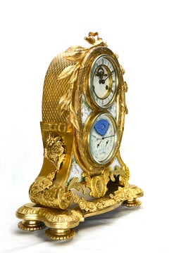 French Style 8 Day Painted Porcelain Gilt Bronze Moon Dial Calendar Mantle Clock