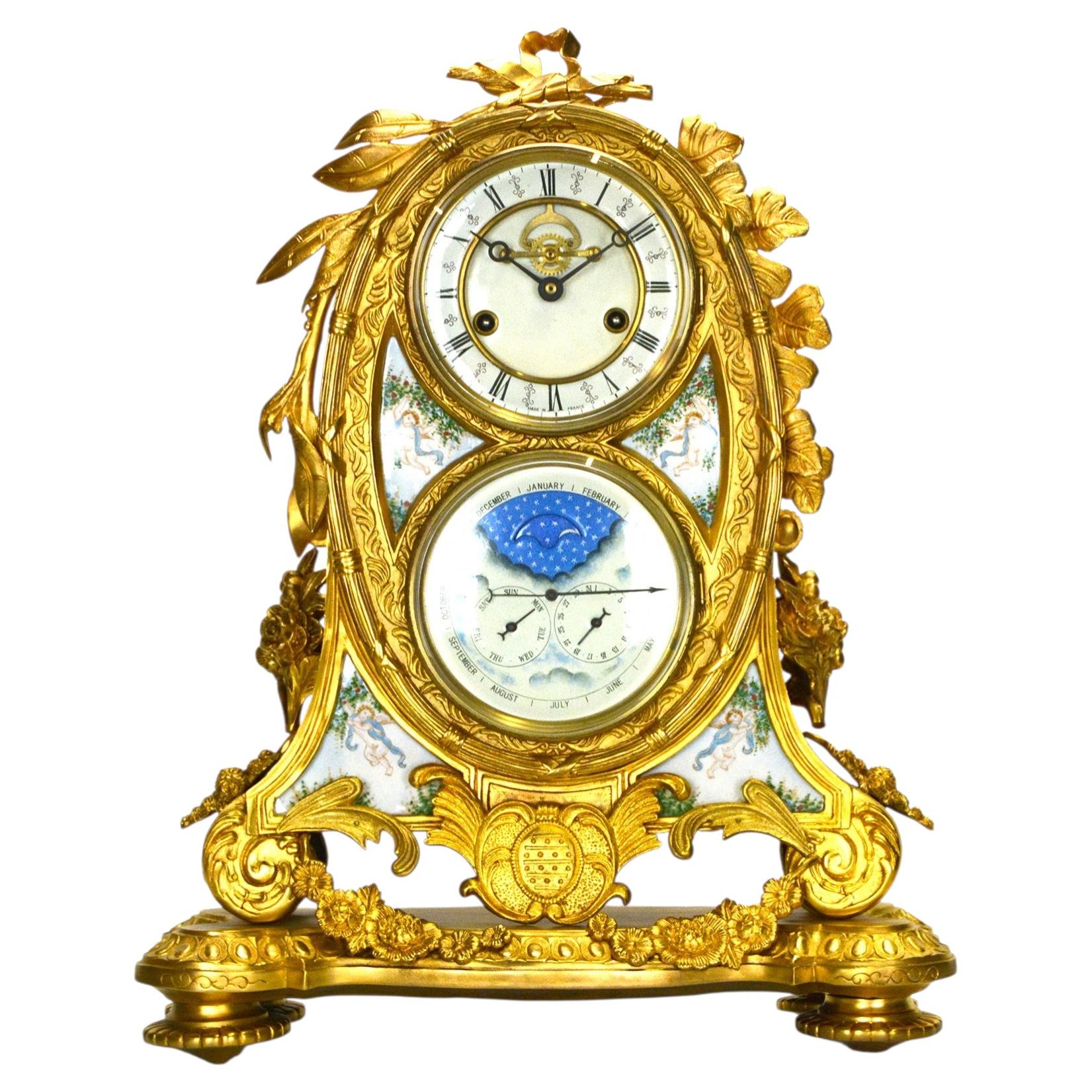 Französisch Stil 8 Tage bemaltes Porzellan vergoldet Bronze Mond Zifferblatt Kalender Mantle Clock