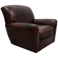 Vintage French Style Aged Leather Lounge Chair