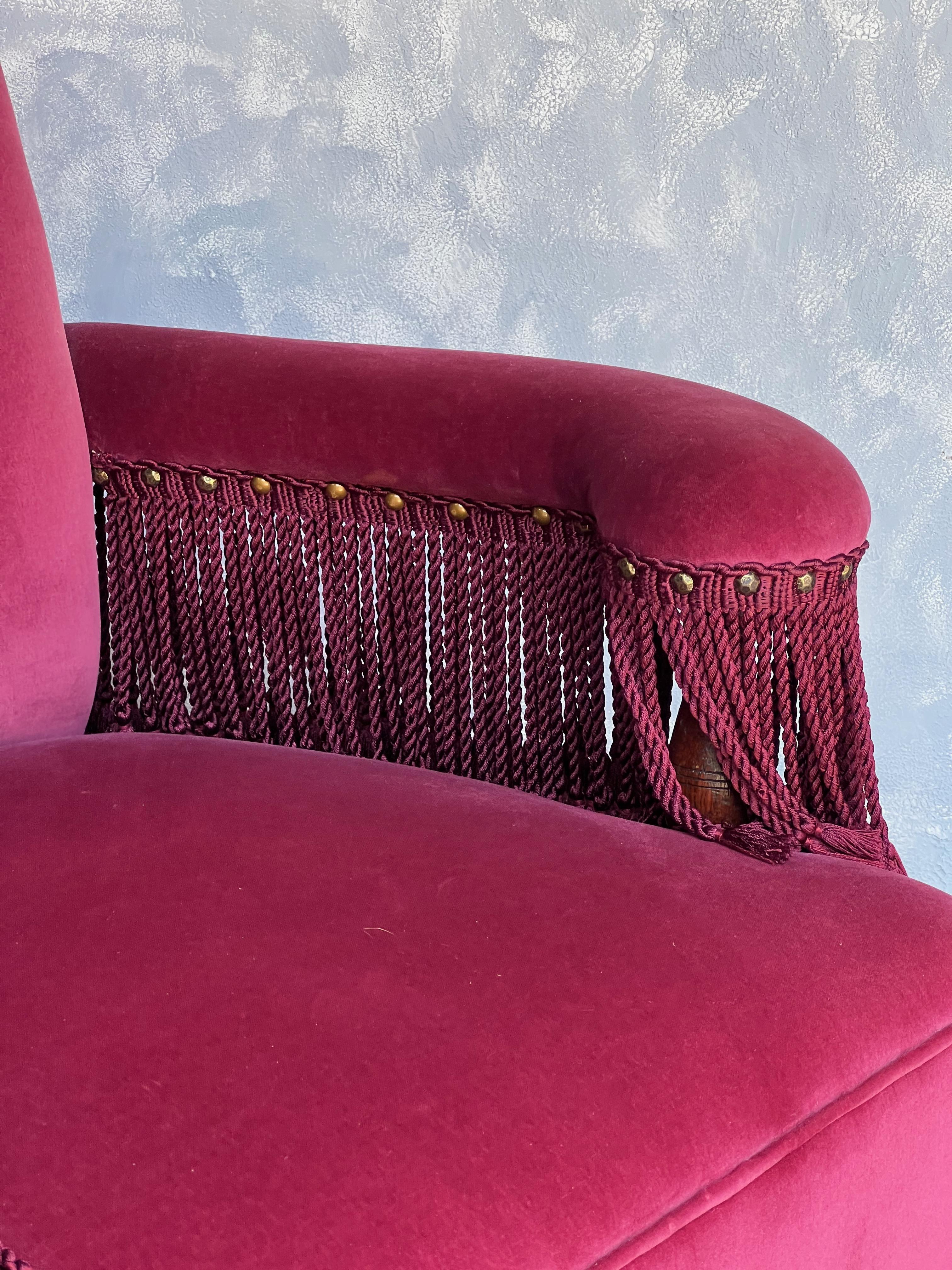 French Style Armchair in Burgundy Velvet and Bouillon Fringe 4