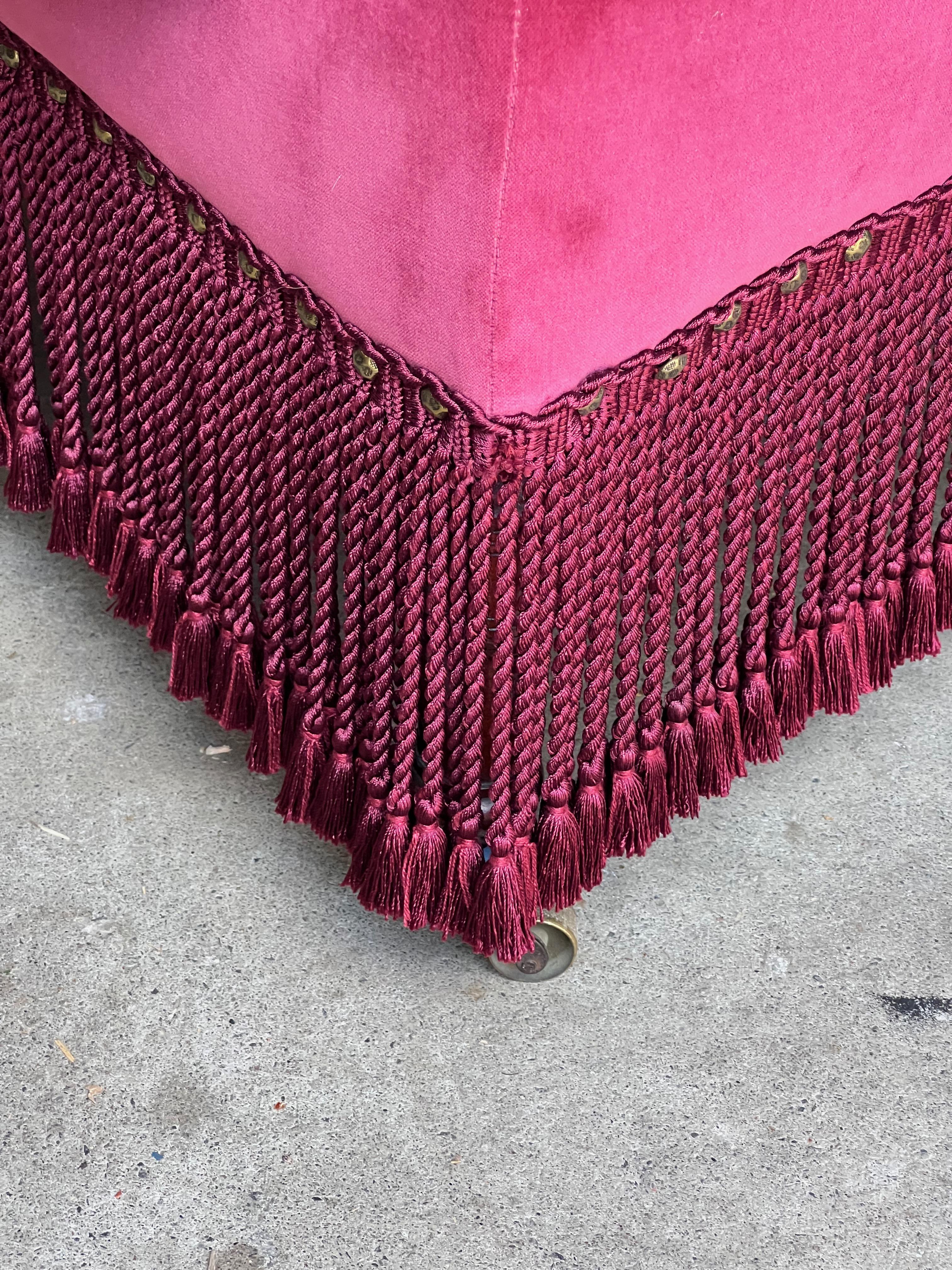 French Style Armchair in Burgundy Velvet and Bouillon Fringe 5