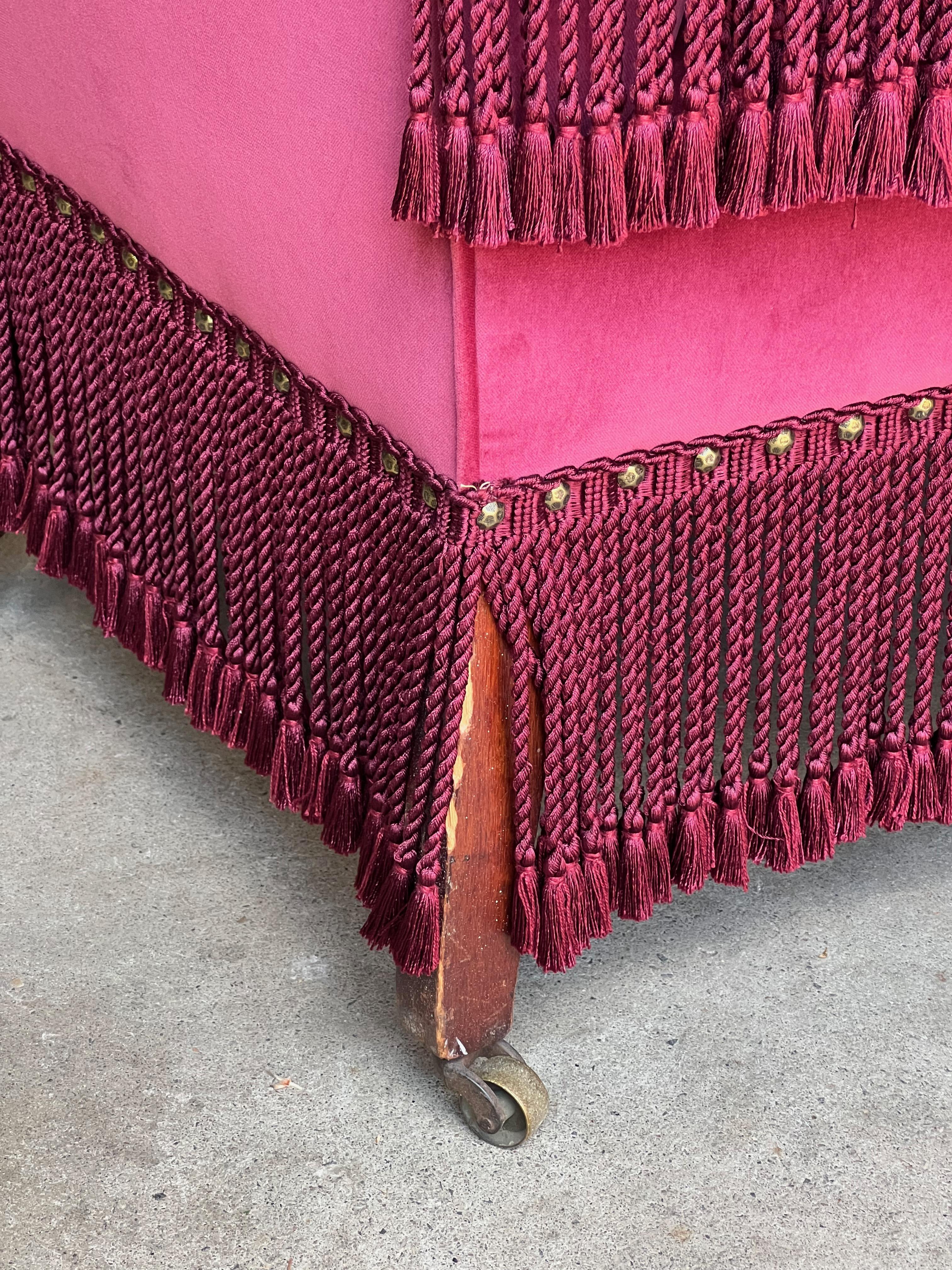 French Style Armchair in Burgundy Velvet and Bouillon Fringe 6