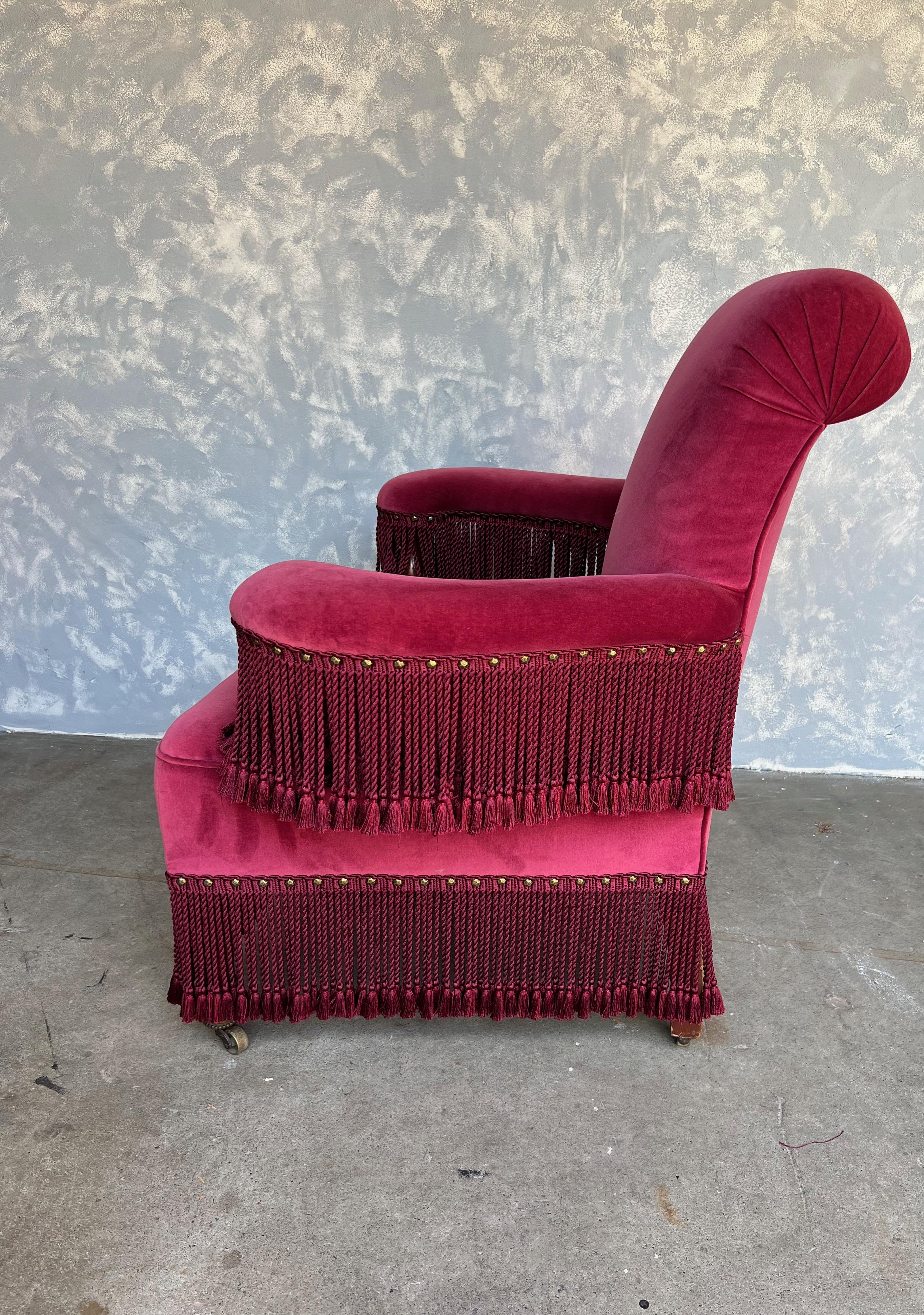 French Style Armchair in Burgundy Velvet and Bouillon Fringe In Good Condition In Buchanan, NY