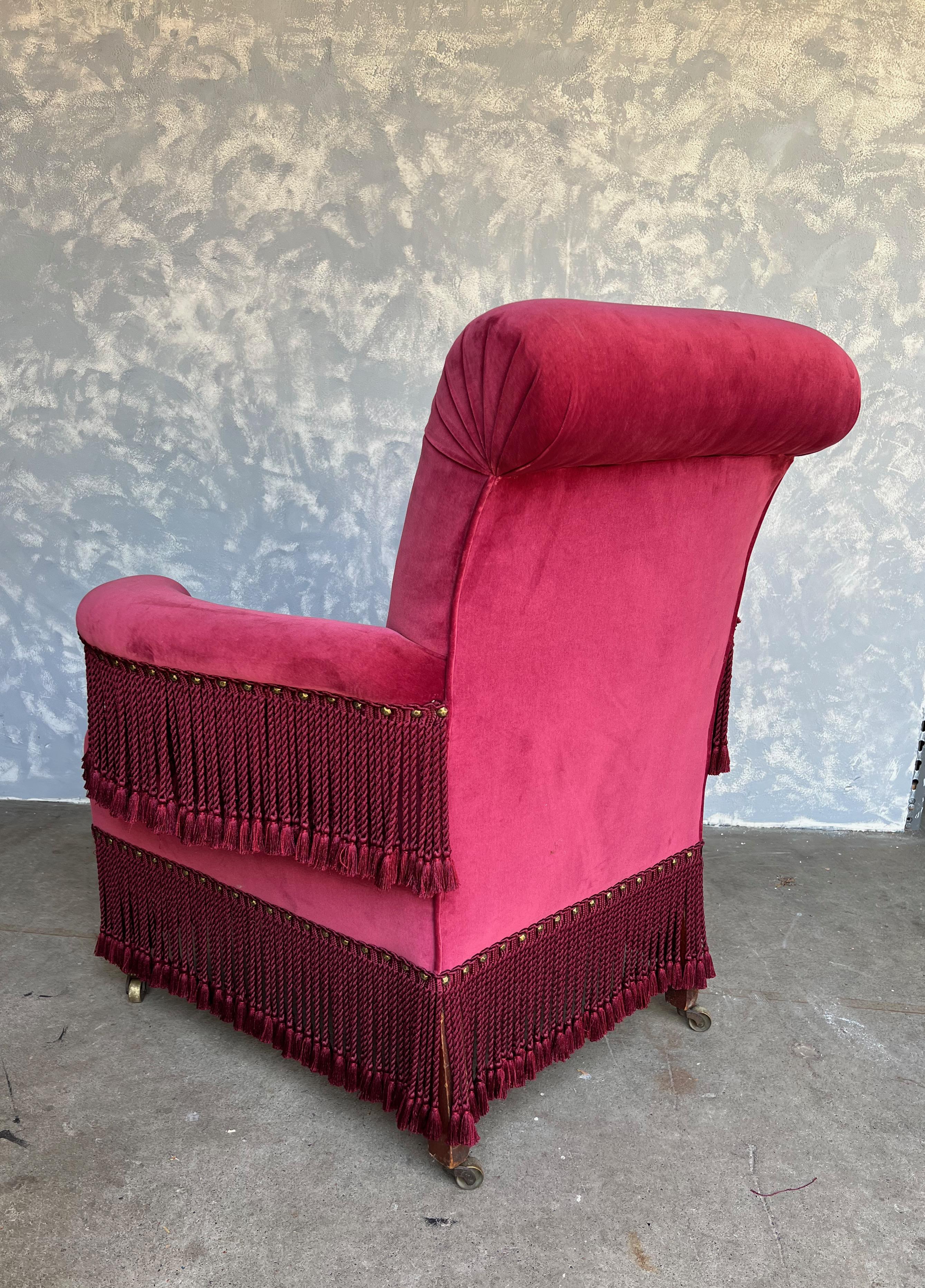 Early 20th Century French Style Armchair in Burgundy Velvet and Bouillon Fringe