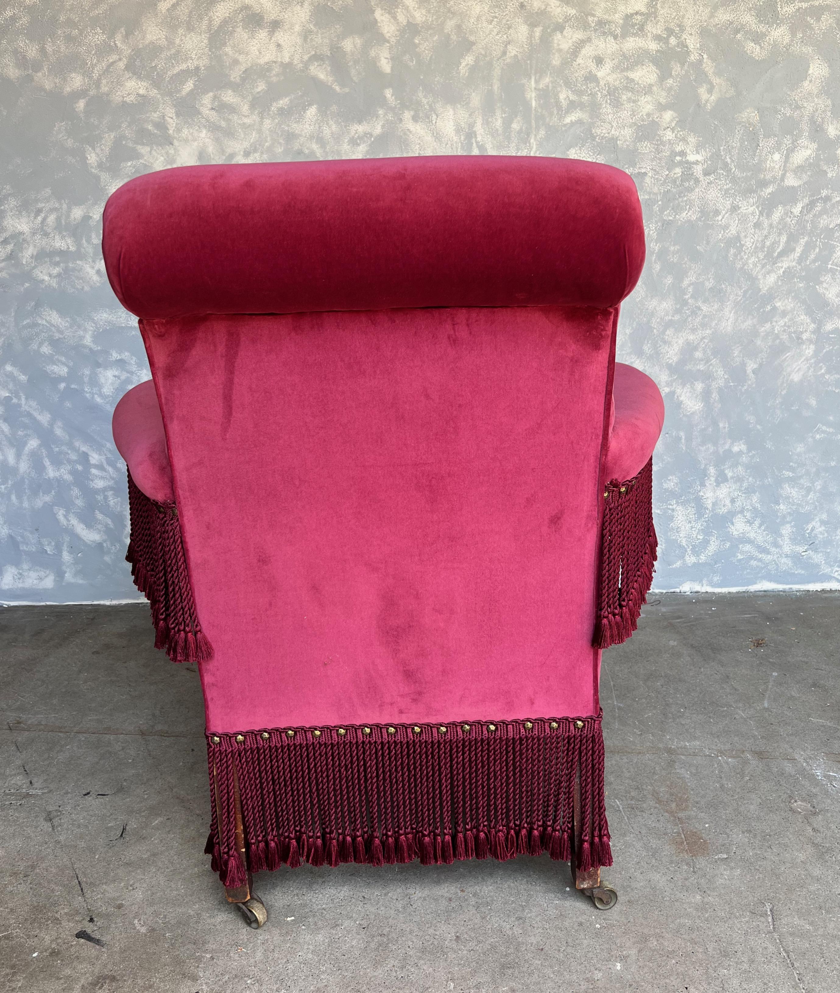 Fabric French Style Armchair in Burgundy Velvet and Bouillon Fringe