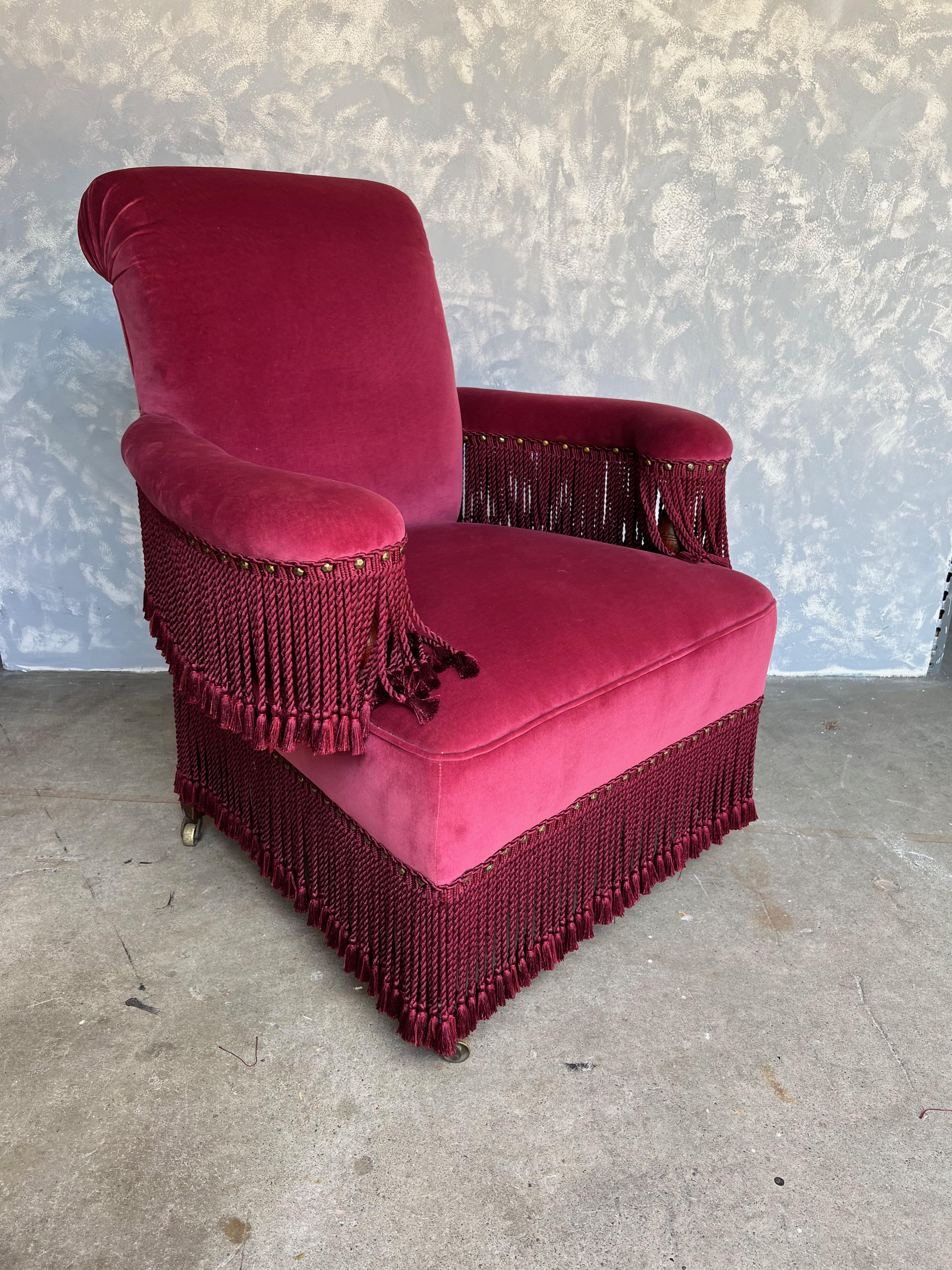 French Style Armchair in Burgundy Velvet and Bouillon Fringe 2