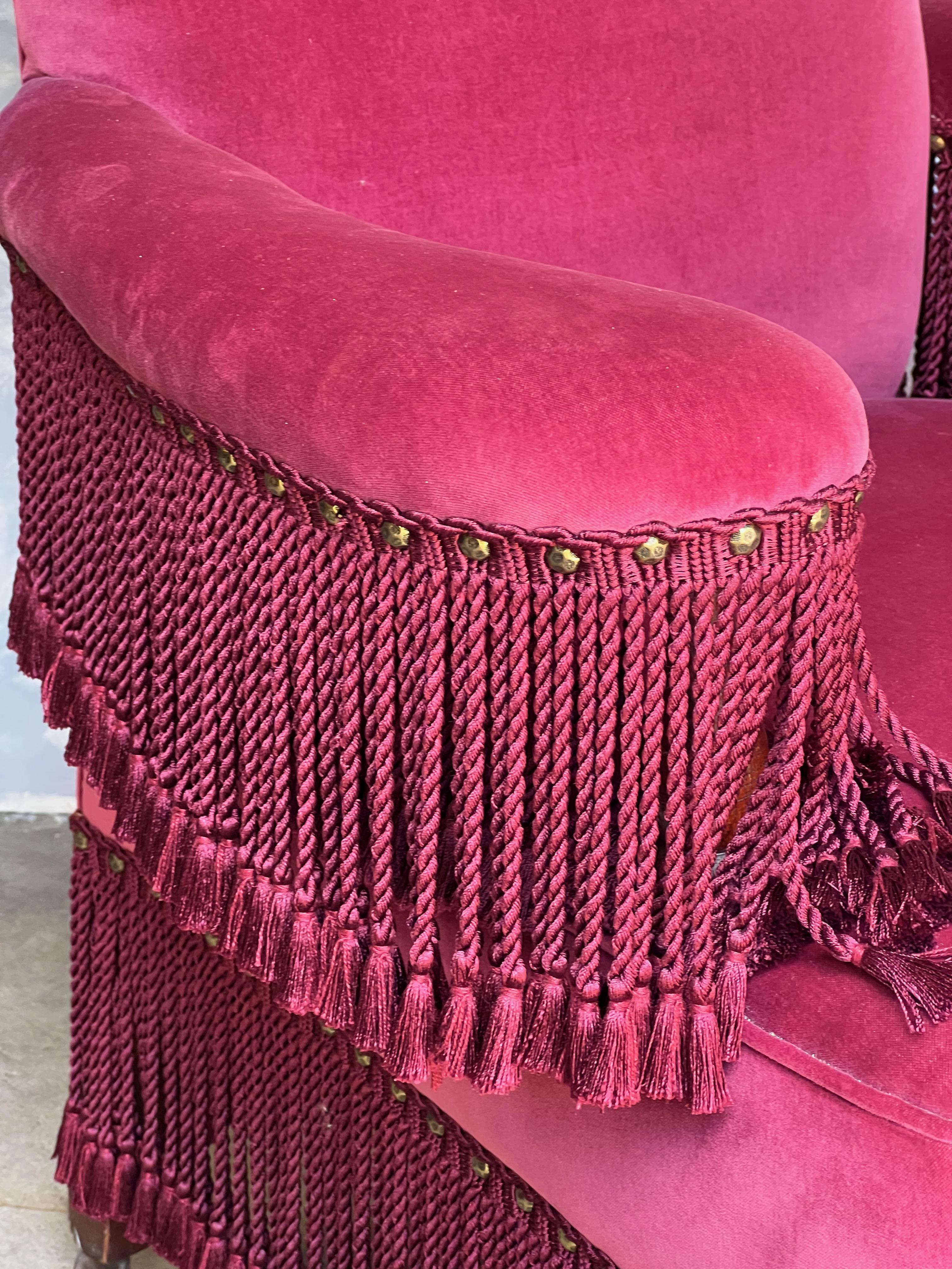 French Style Armchair in Burgundy Velvet and Bouillon Fringe 3