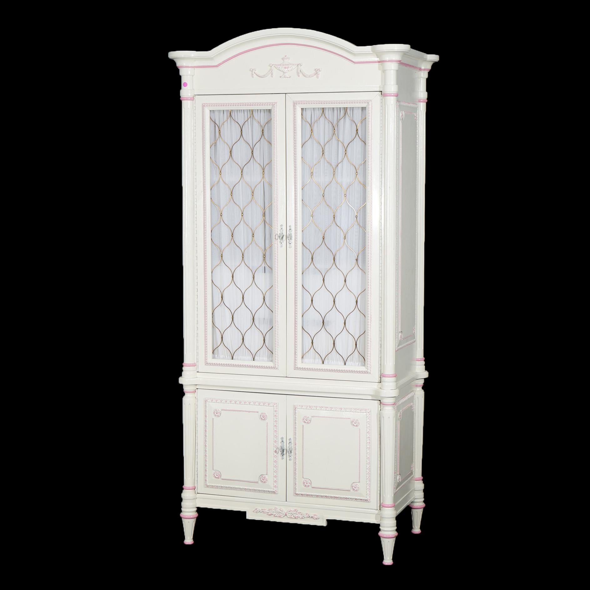 ***Ask About Reduced In-House Shipping Rates - Reliable Service & Fully Insured***
A French Provincial wardrobe offers painted wood construction having rose accents with double doors having curtains and metal lattice facing and opening to interior