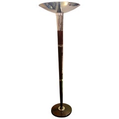 French Style Art Deco Floor Lamp Torchiere Wood and Chrome