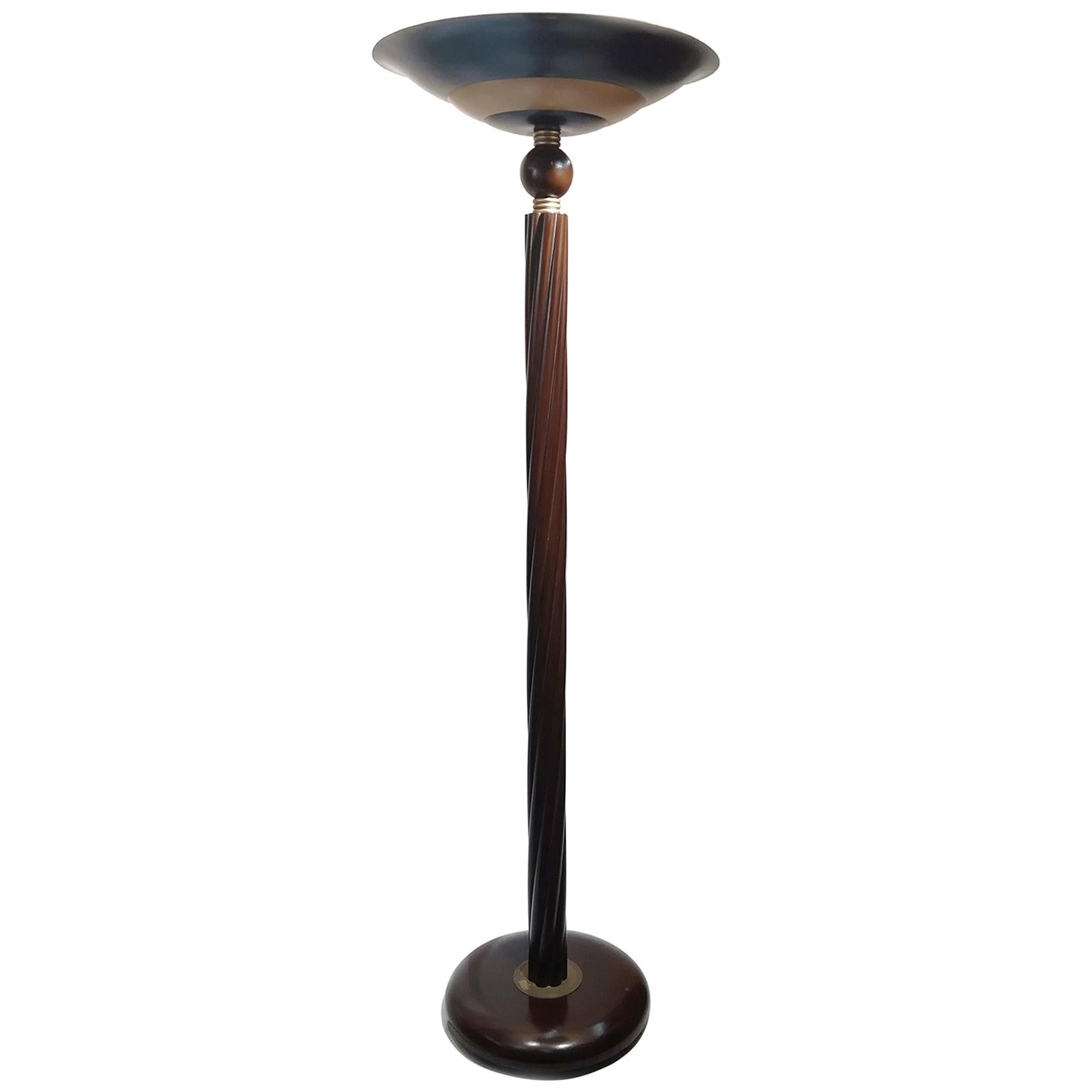 French Style Art Deco Wood and Brass Floor Lamp Torchiere  For Sale