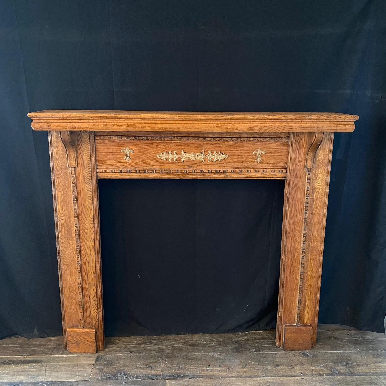 American French Style Art Nouveau Carved Oak Mantel with Gold Acanthus Leaves For Sale