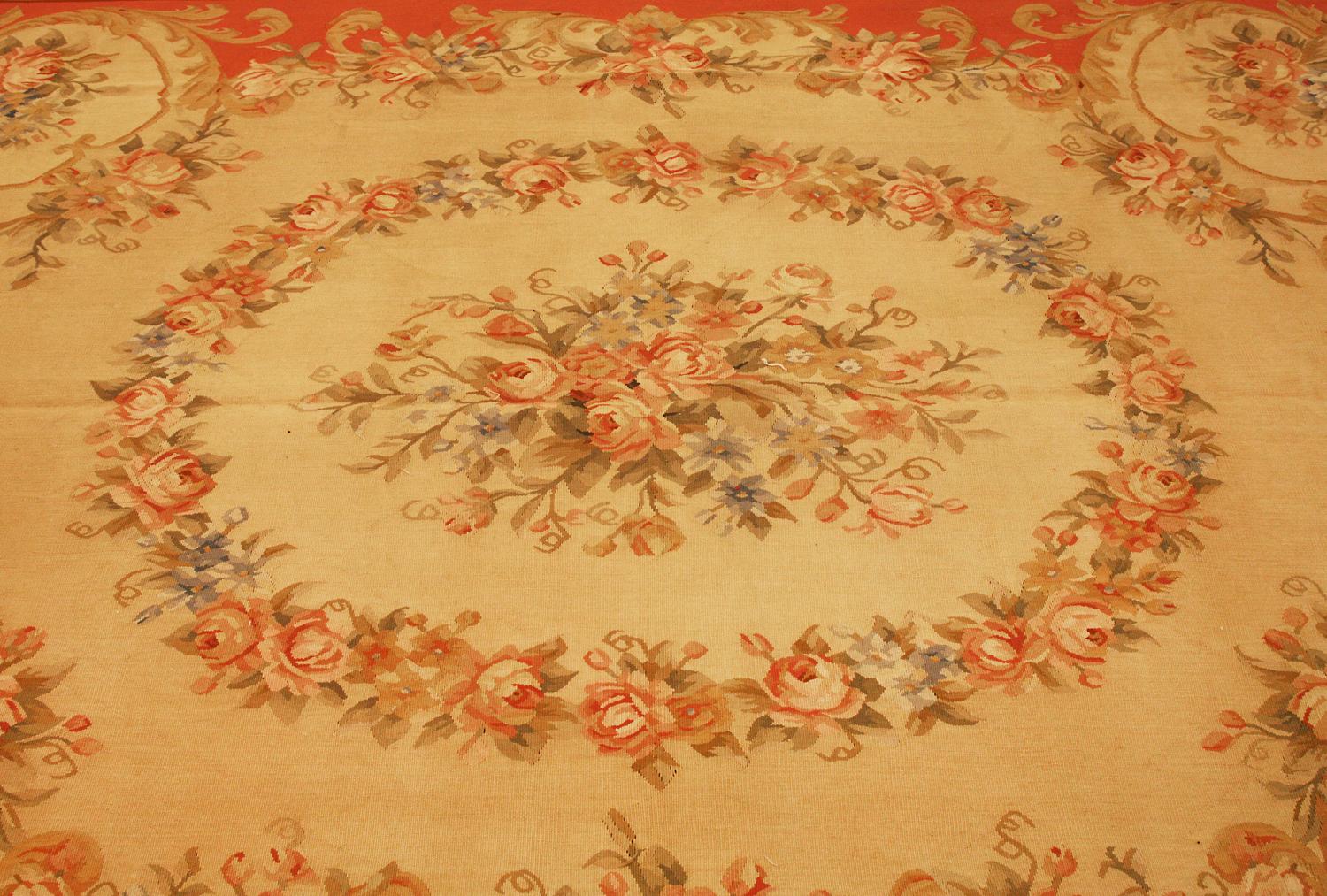 This is an exquisite French-style Aubusson flat-weave rug with a floral design and dramatic medallion. The incredibly detailed design with a soft wool and cotton, creating a beautiful and timeless addition to your home. The luxurious rug is perfect