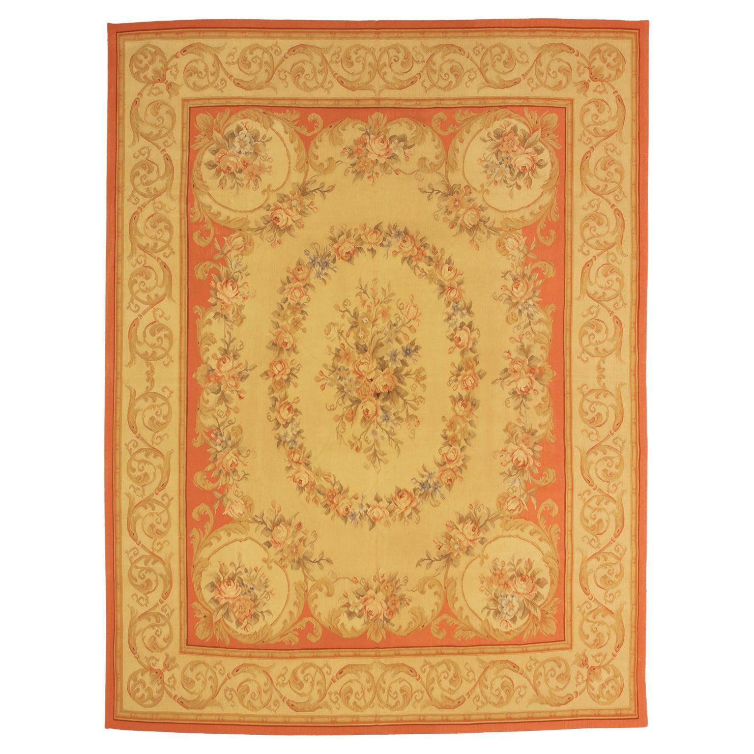 French Style Aubusson Flat-Weave Rug Floral Design with Medallion, 21st Century