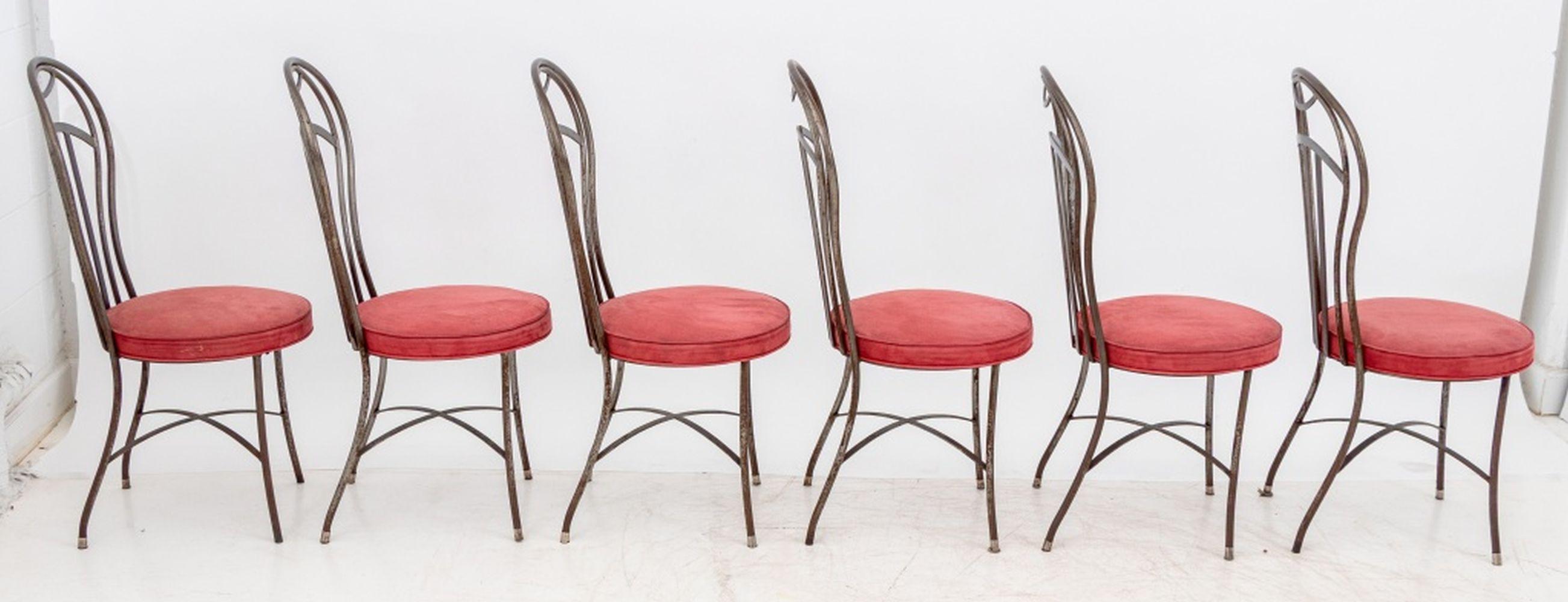 Set of Six French Style Balloon Back Steel Side Chairs, each with red suede upholstered seat. 37.5