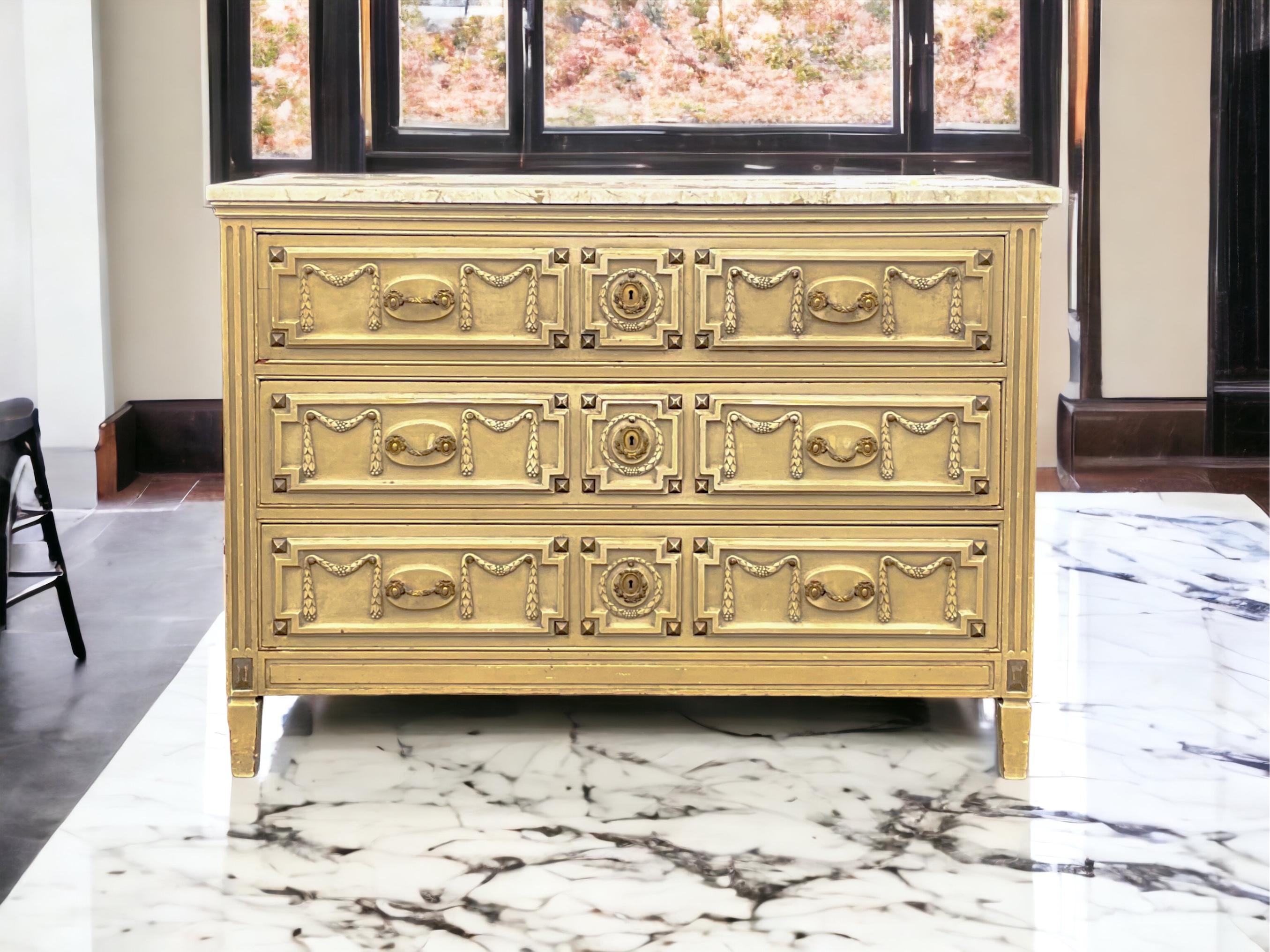 French Provincial French Style Bench Made In New York Commode / Chest Of Drawers Travertine Top For Sale