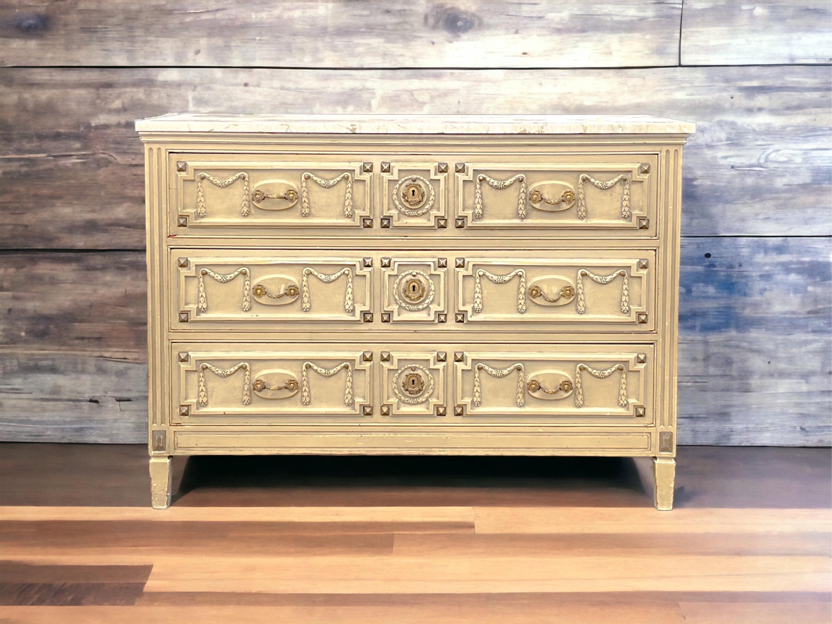 20th Century French Style Bench Made In New York Commode / Chest Of Drawers Travertine Top For Sale