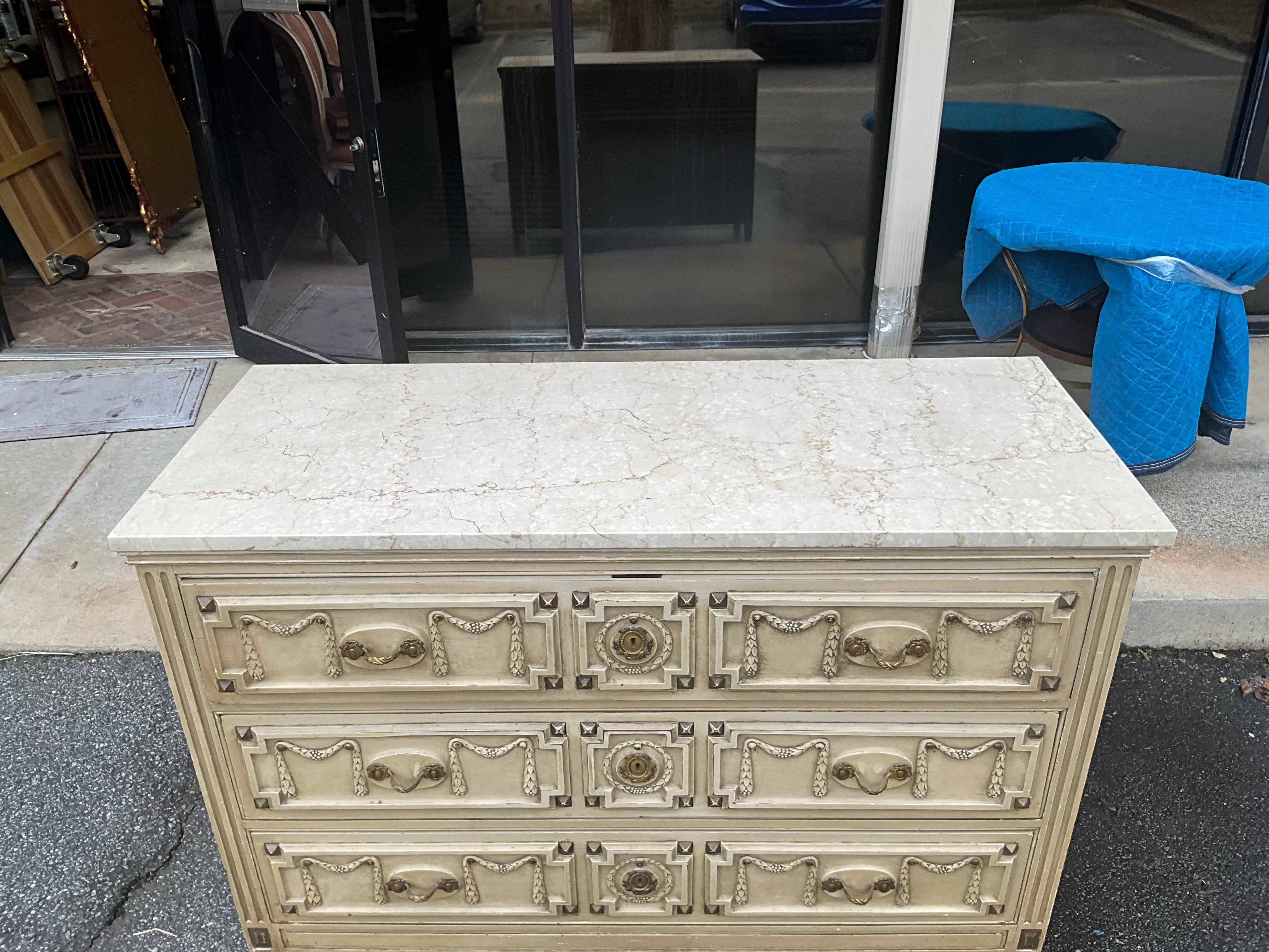 French Style Bench Made In New York Commode / Chest Of Drawers Travertine Top For Sale 1