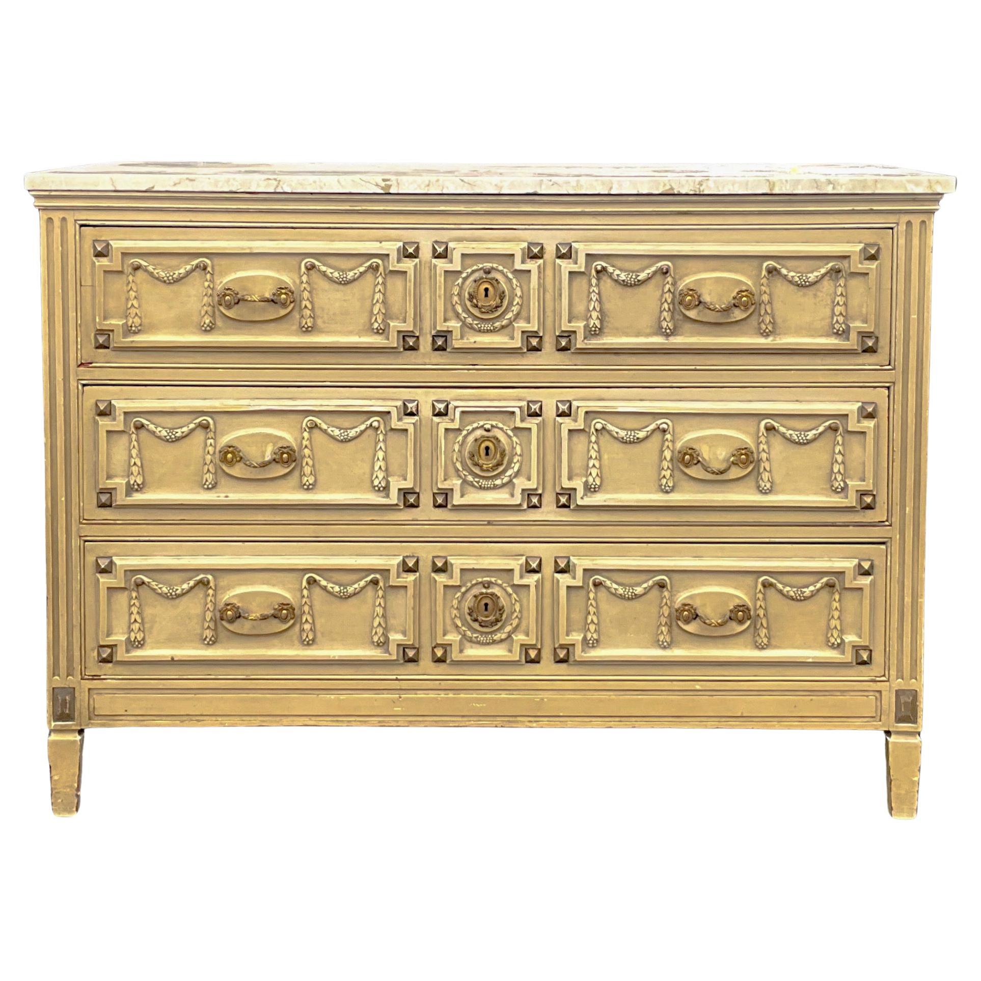 French Style Bench Made In New York Commode / Chest Of Drawers Travertine Top For Sale