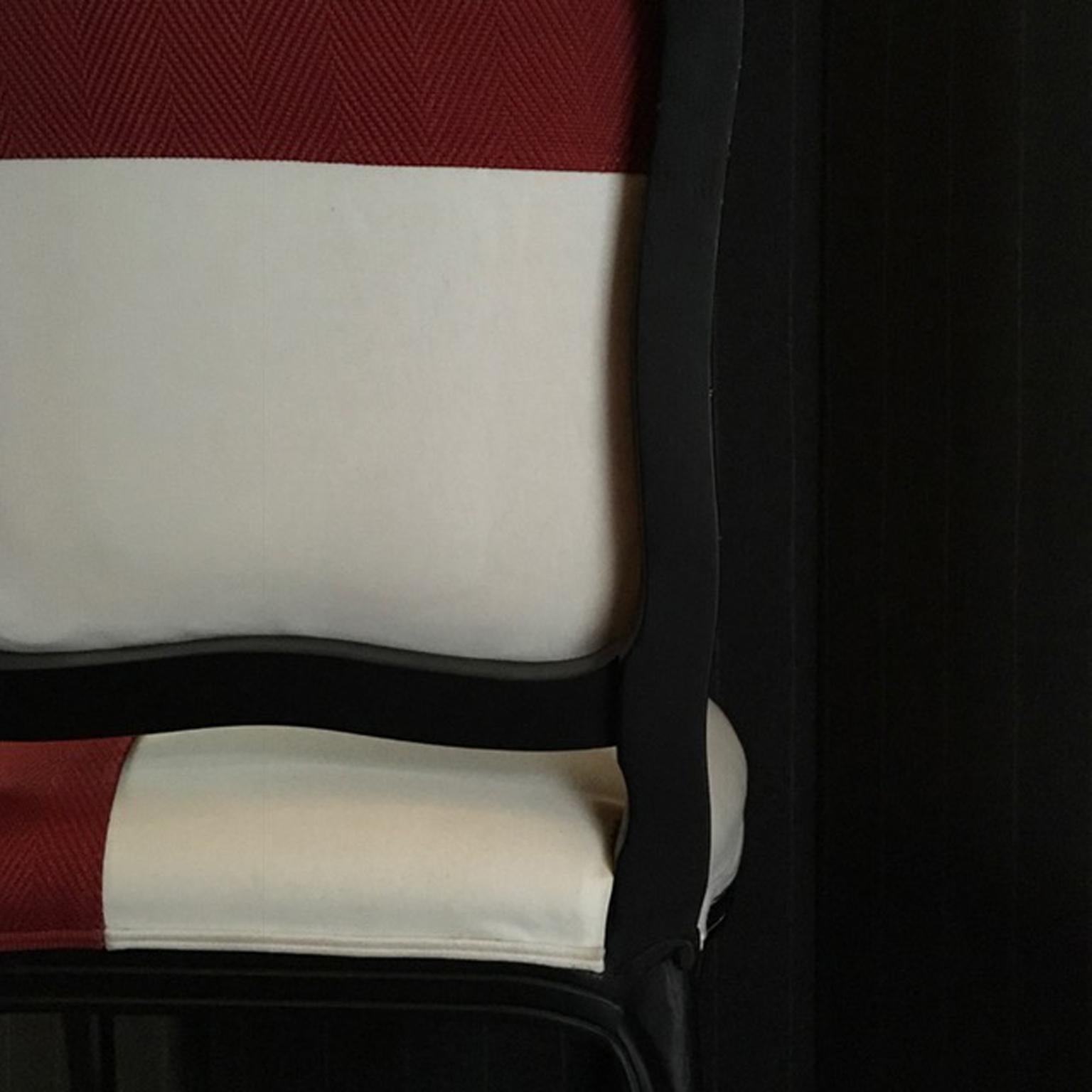 French Provincial Lacquered Black Wood Dining Chair Upholstered Red and White For Sale 4