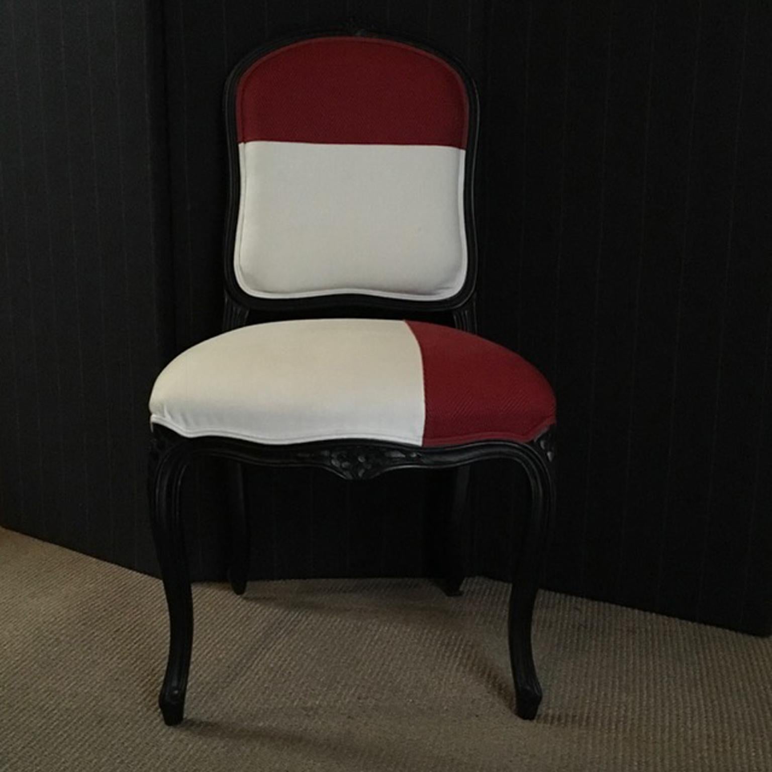 French Provincial Lacquered Black Wood Dining Chair Upholstered Red and White For Sale 5