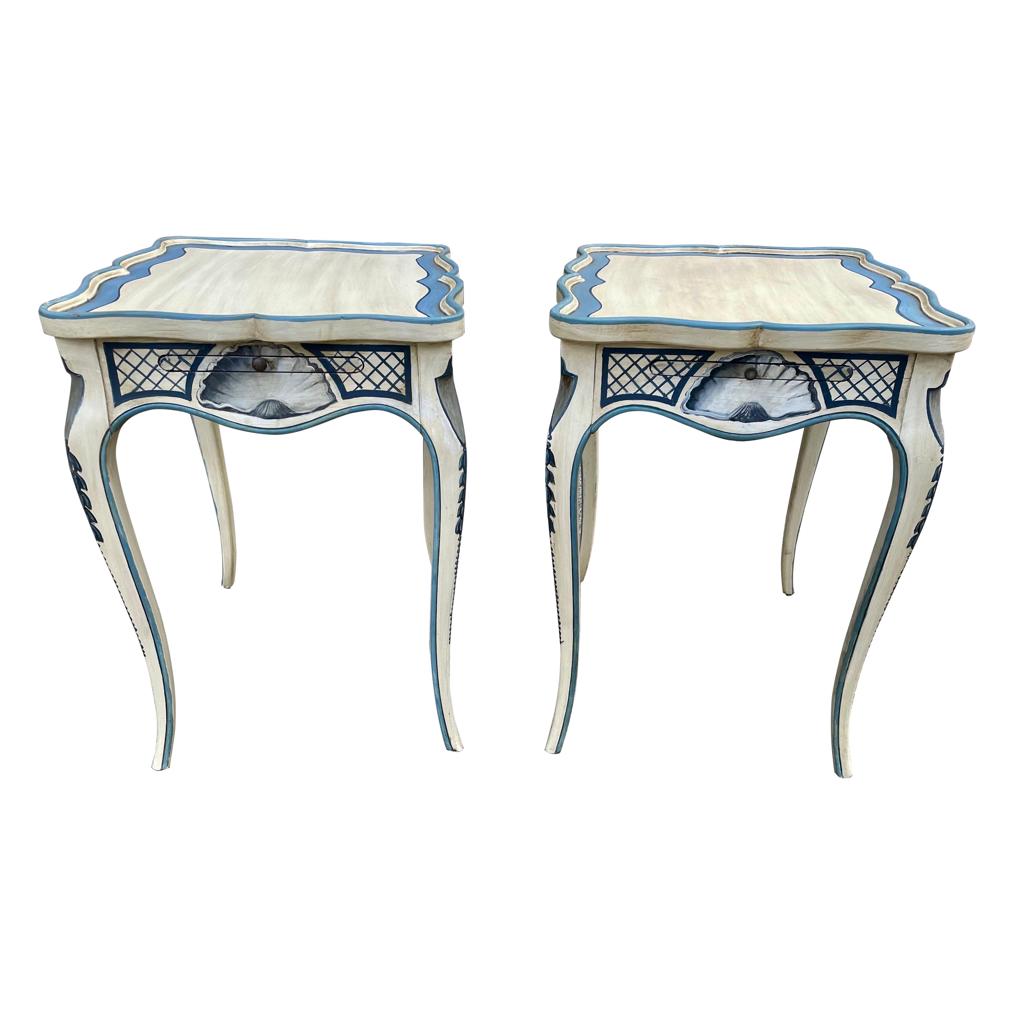 French Style Blue White Hand Painted Shaped Side Tables Candle Slides a Pair For Sale