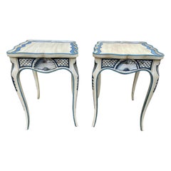 French Style Blue White Hand Painted Shaped Side Tables Candle Slides a Pair