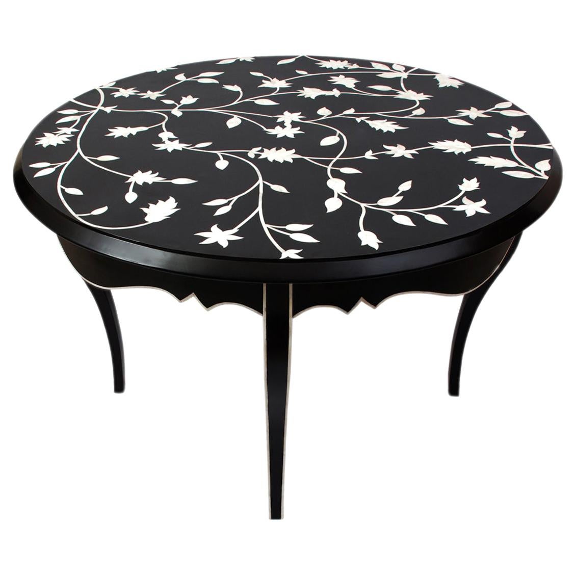 French Style Bone Inlaid Dining or Foyer Table with Floral Pattern For Sale