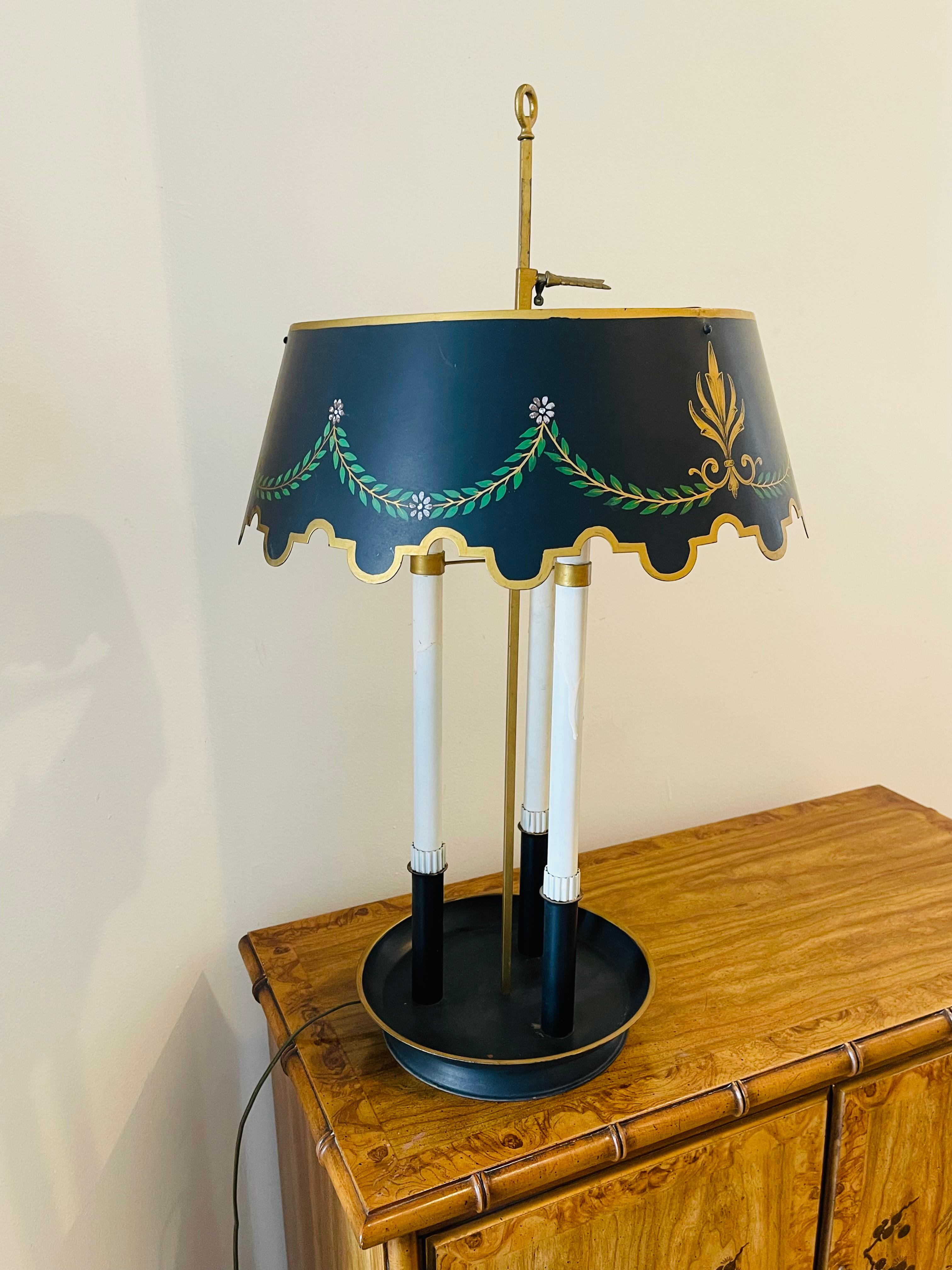 French buoliotte  vintage metal tole table lamp with painted festooned shade.