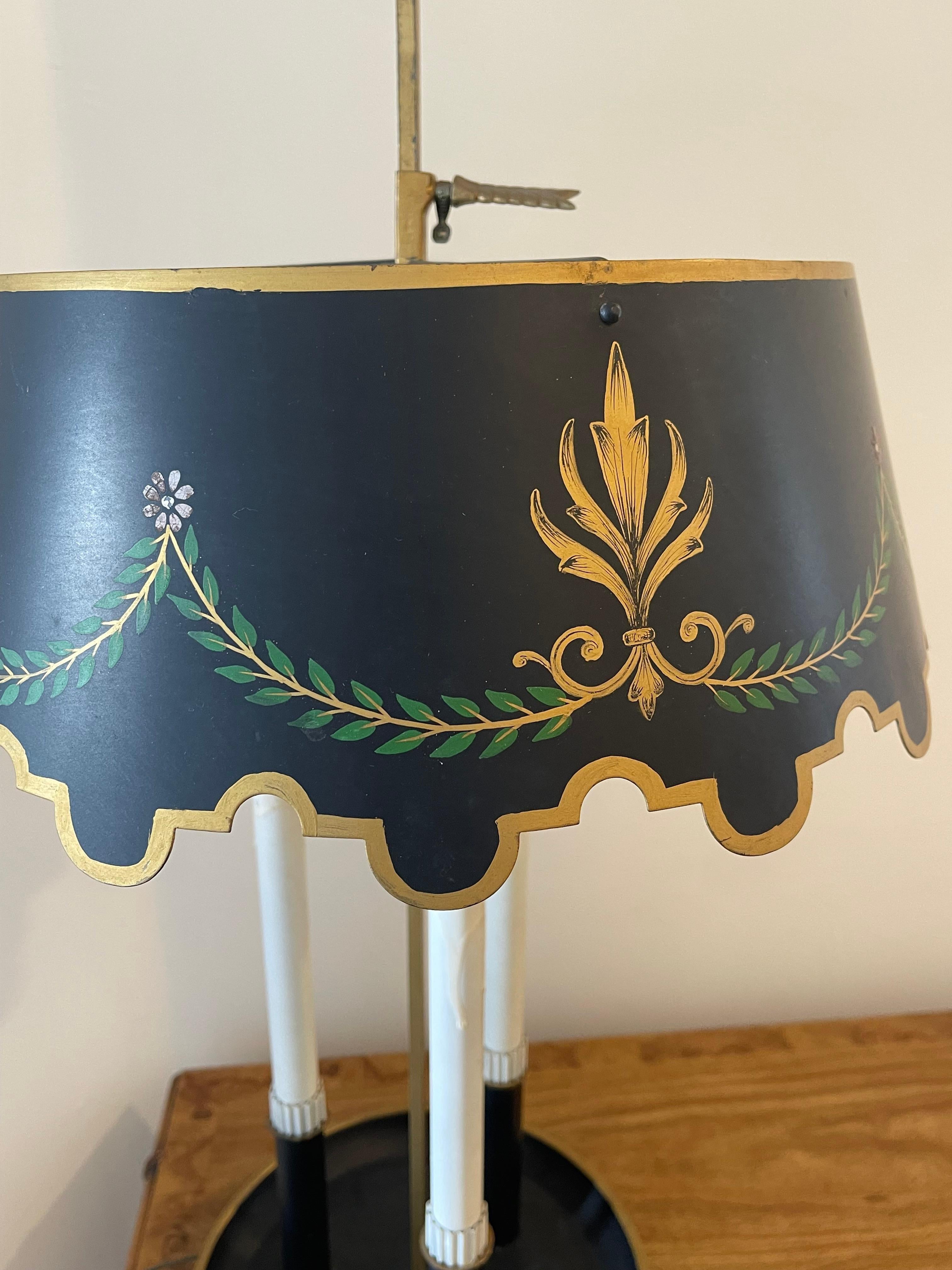 British Colonial French Vintage Bouillotte   Tole Lamp Festooned Shade For Sale